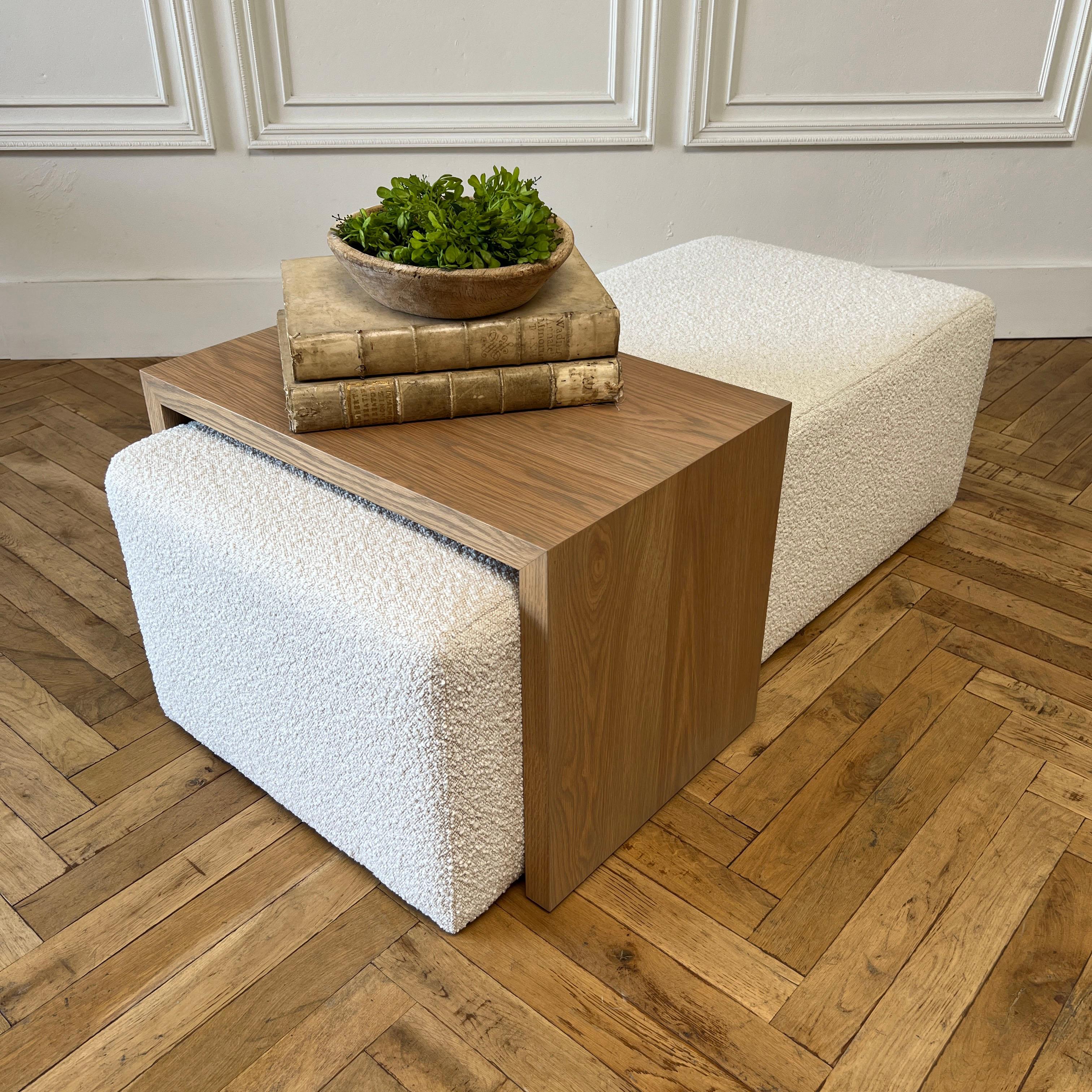 Contemporary Custom Boucle Cube Ottoman with White Oak Waterfall Table for ANNE