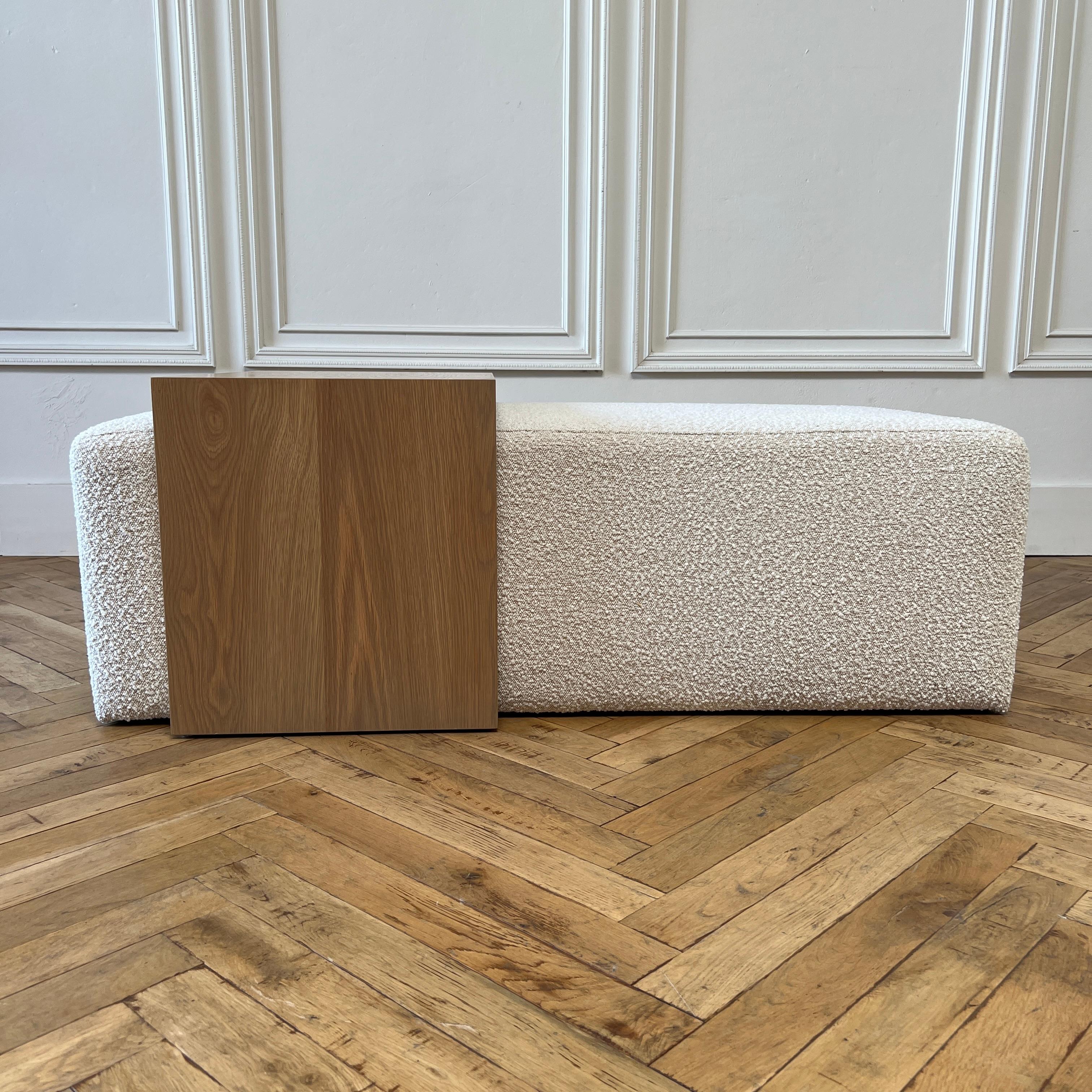 Fabric Custom Boucle Cube Ottoman with White Oak Waterfall Table for ANNE