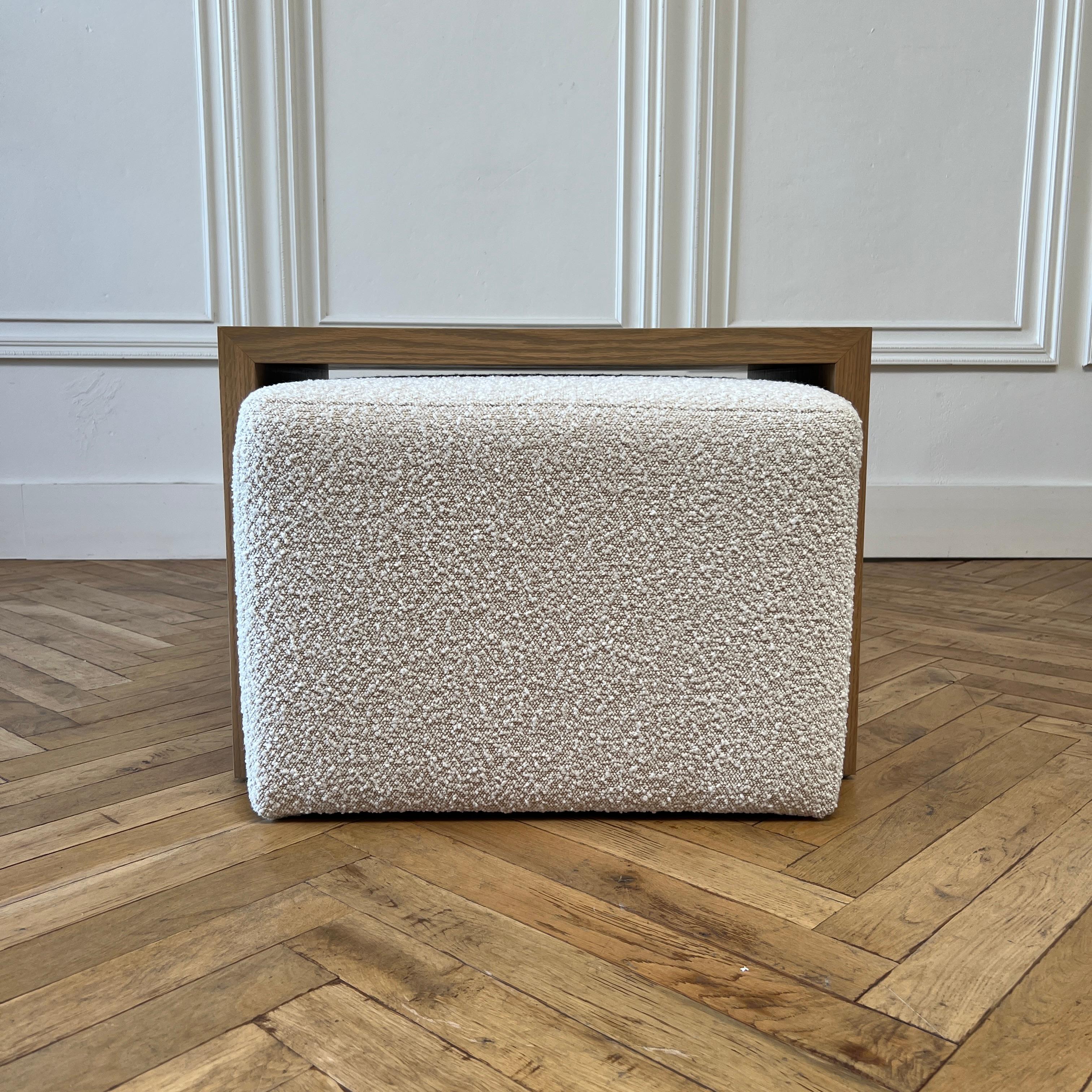 Custom Boucle Cube Ottoman with White Oak Waterfall Table for ANNE 1