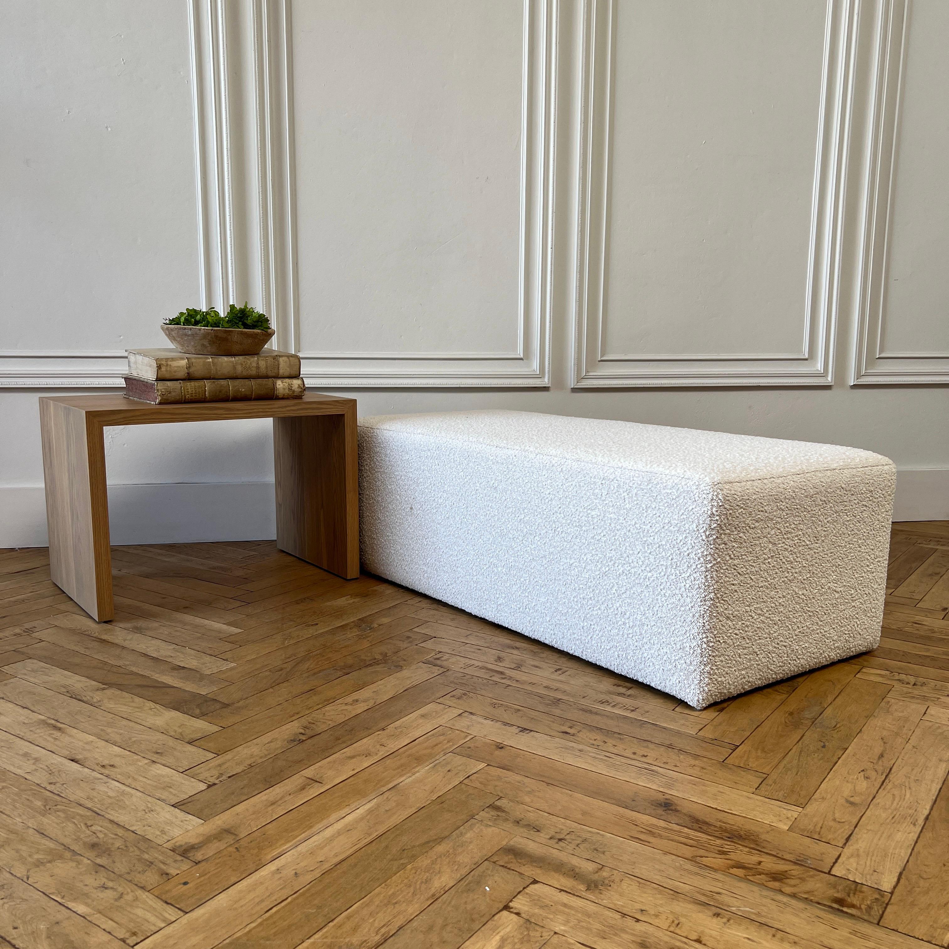 Custom Boucle Cube Ottoman with White Oak Waterfall Table For Sale 3