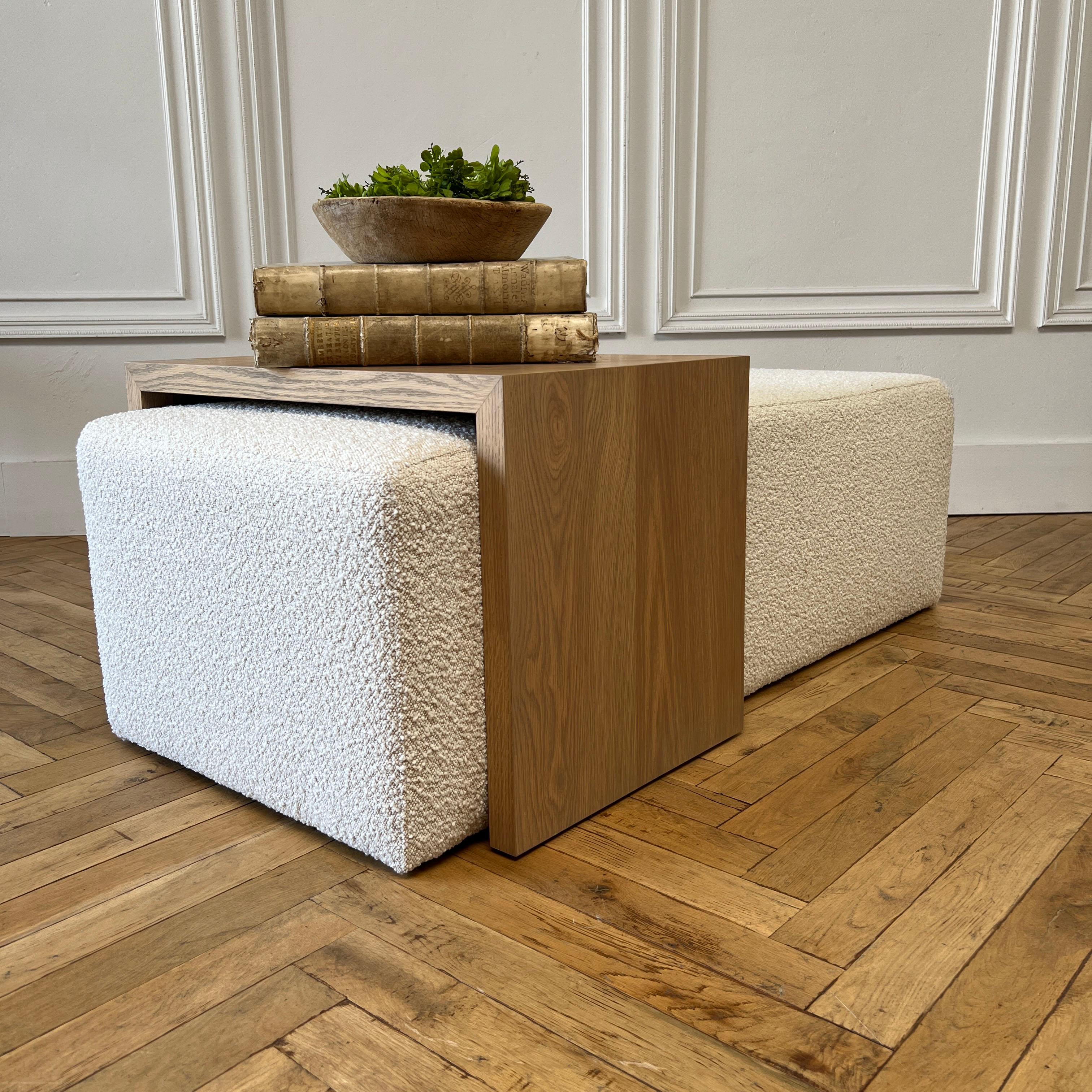 Custom Boucle Cube Ottoman with White Oak Waterfall Table In New Condition For Sale In Brea, CA