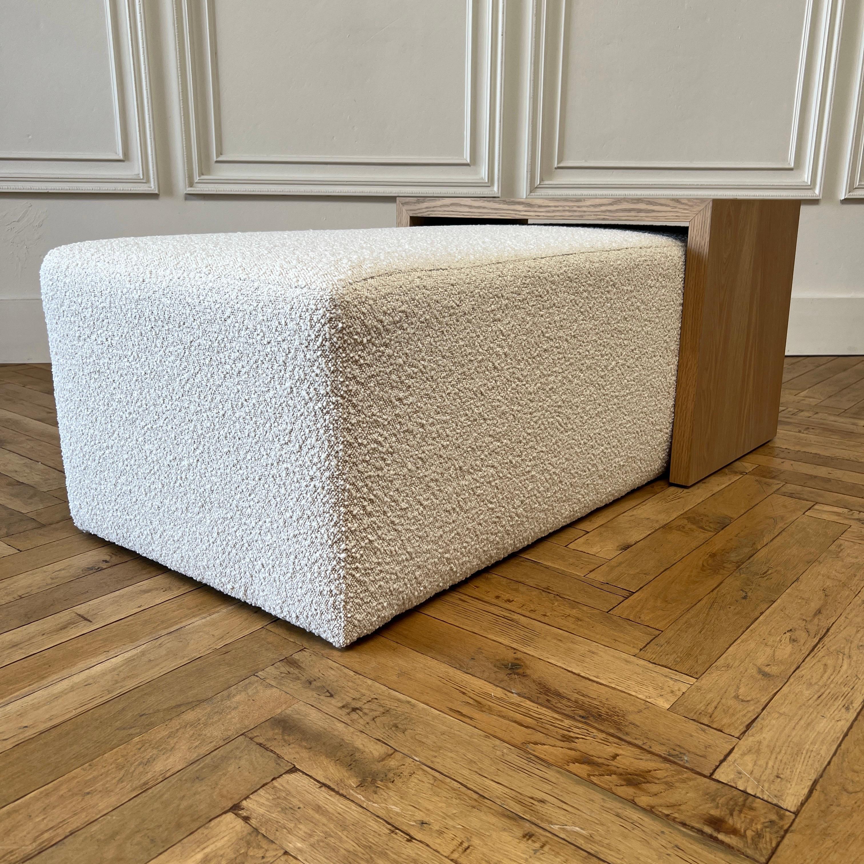 Custom Boucle Cube Ottoman with White Oak Waterfall Table For Sale 2