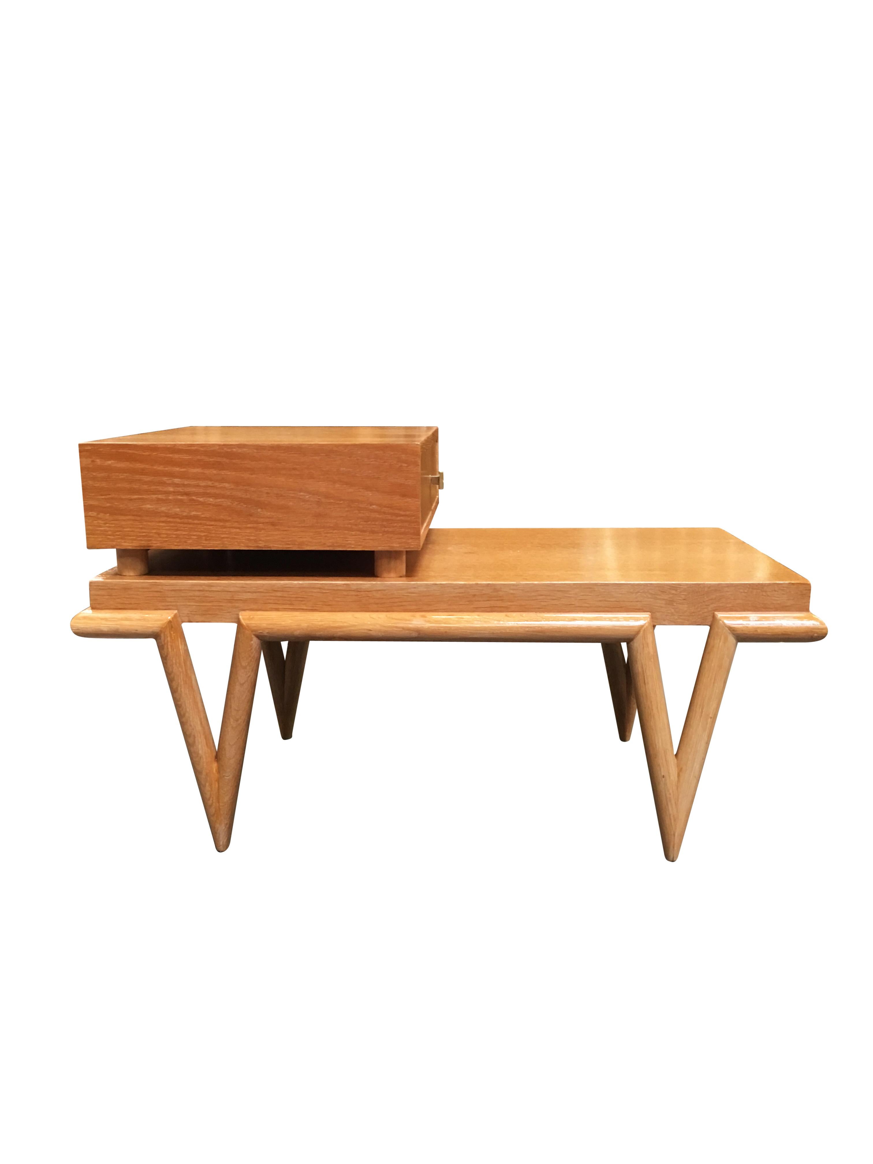 Custom Boutique Midcentury Coffee Table and Side Table Set with V Shaped Legs For Sale at