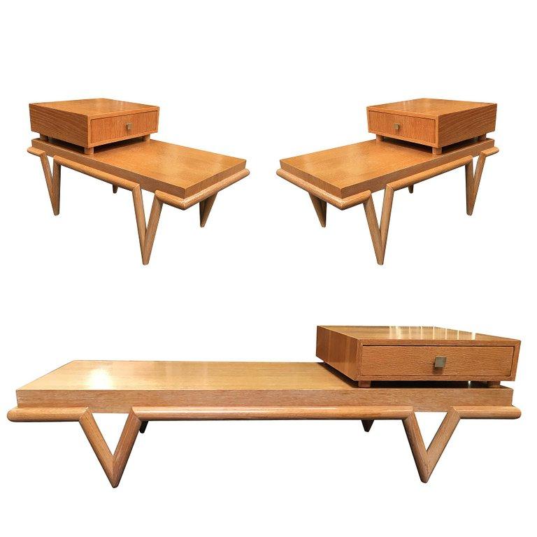 Custom Boutique Midcentury Coffee Table and Side Table Set with V Shaped Legs  For Sale