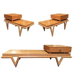 Custom Boutique Midcentury Coffee Table and Side Table Set with V Shaped Legs 
