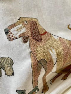 Custom Box Cushion in Dog Socialising Embroidered Linen