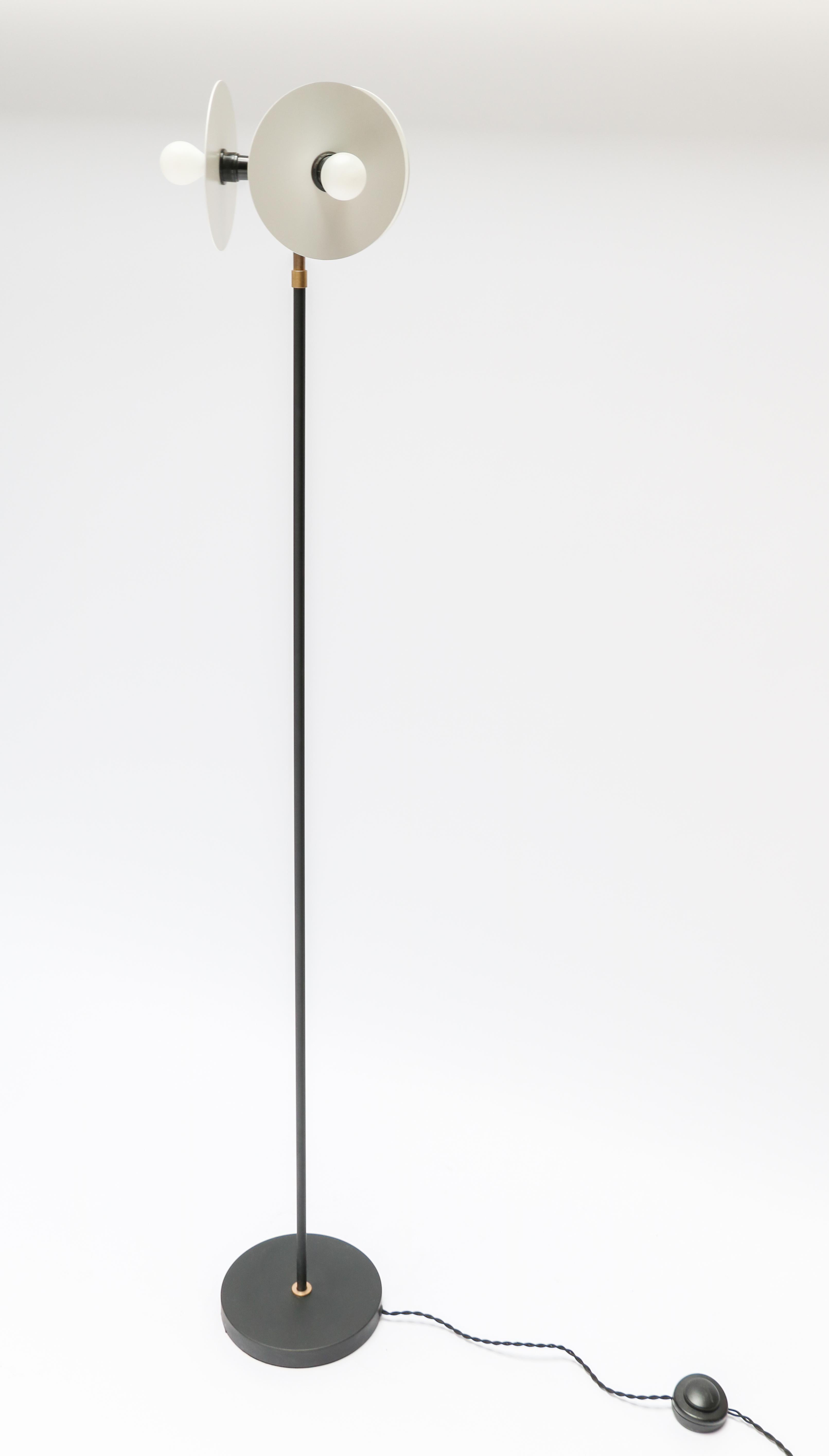 Custom midcentury style floor lamp in brass and white and black metal with three sockets. Can be done in different sizes and configurations.