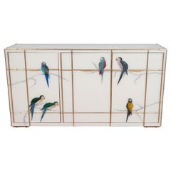 Custom Brass Bamboo Inlay and Ivory Murano Glass Parrot Sideboard, Italy