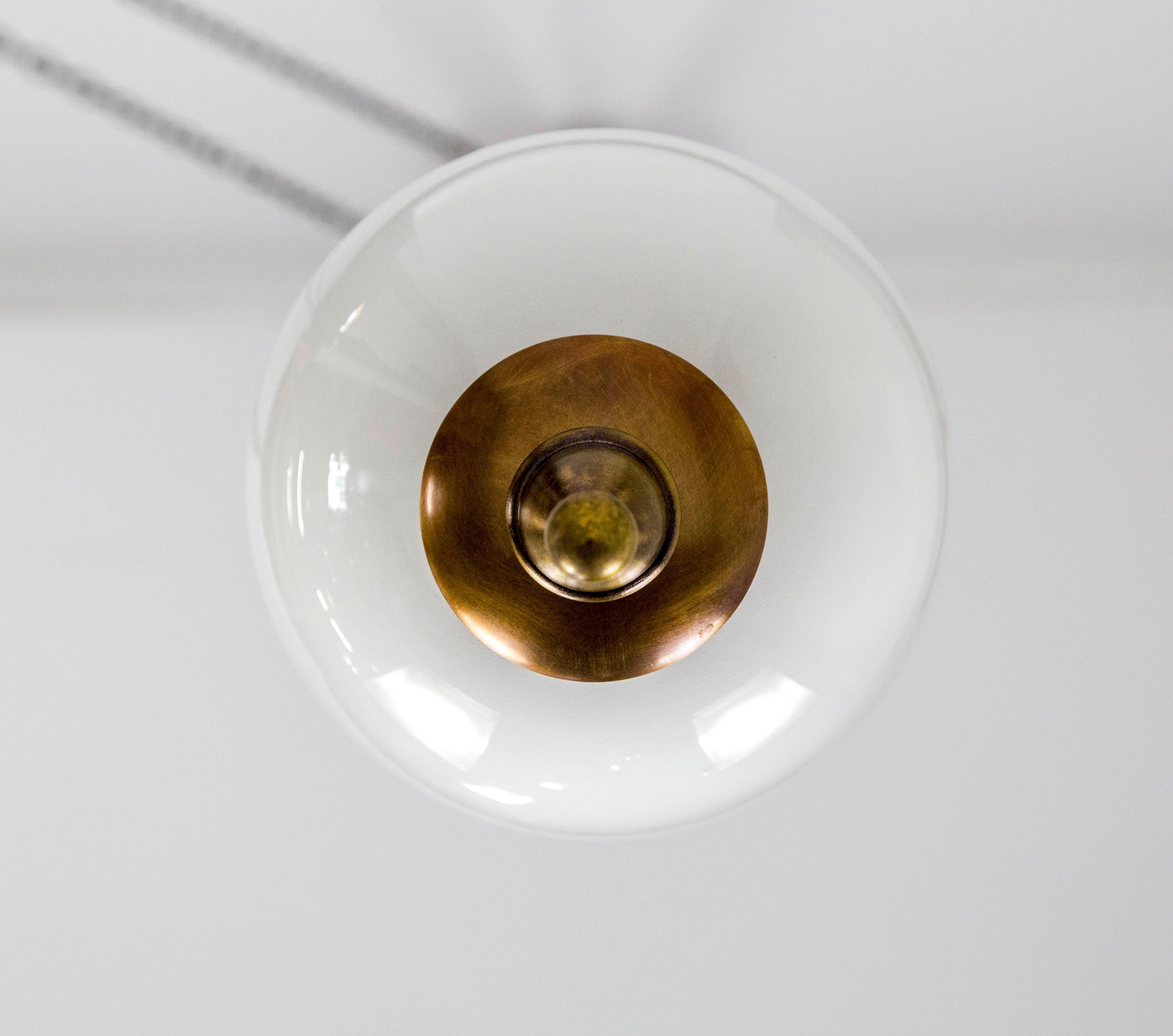 Contemporary Custom Brass Capped White Glass Globe Pendant '2 Available'
