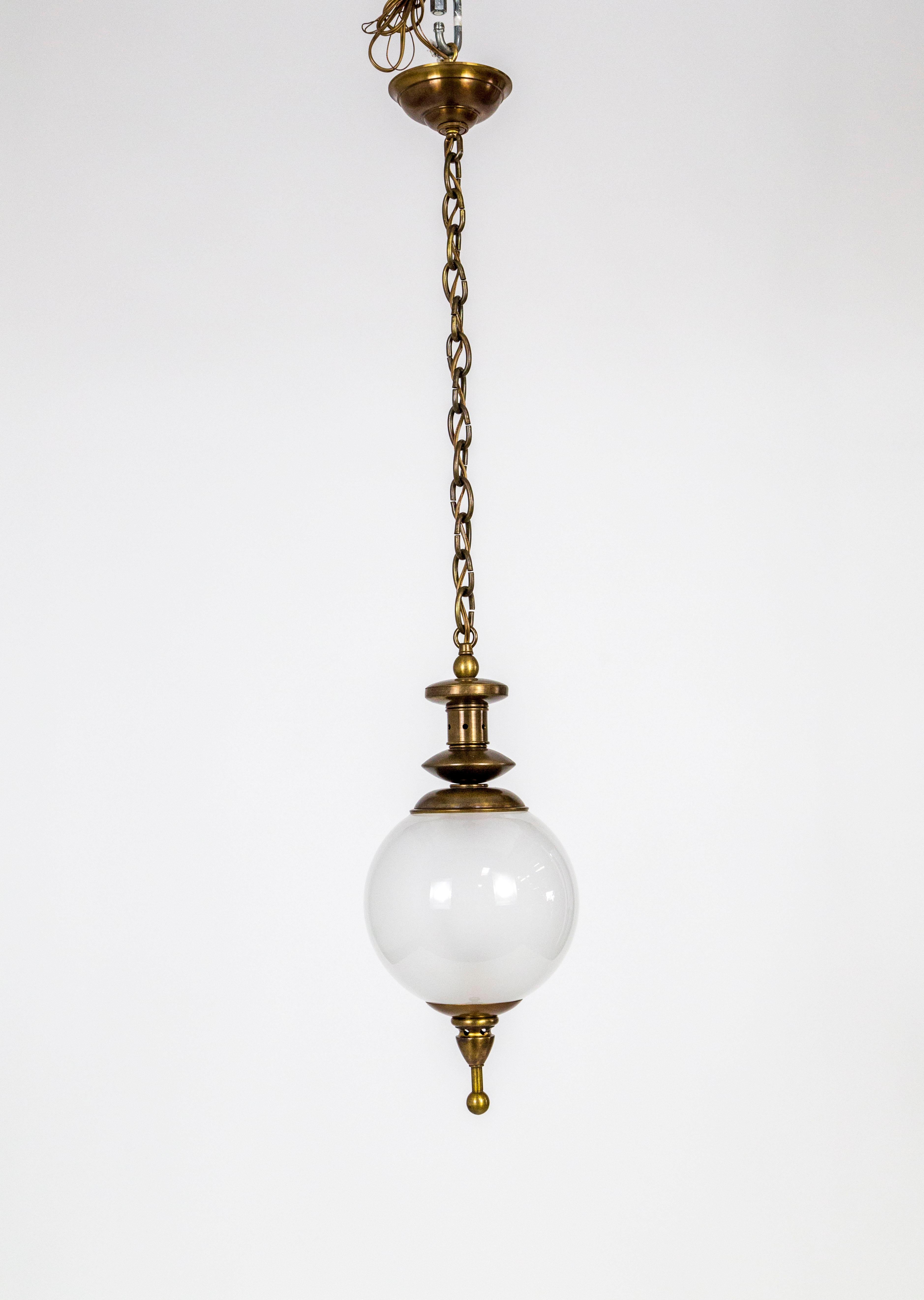 Custom Brass Capped White Glass Globe Pendant '2 Available' 1