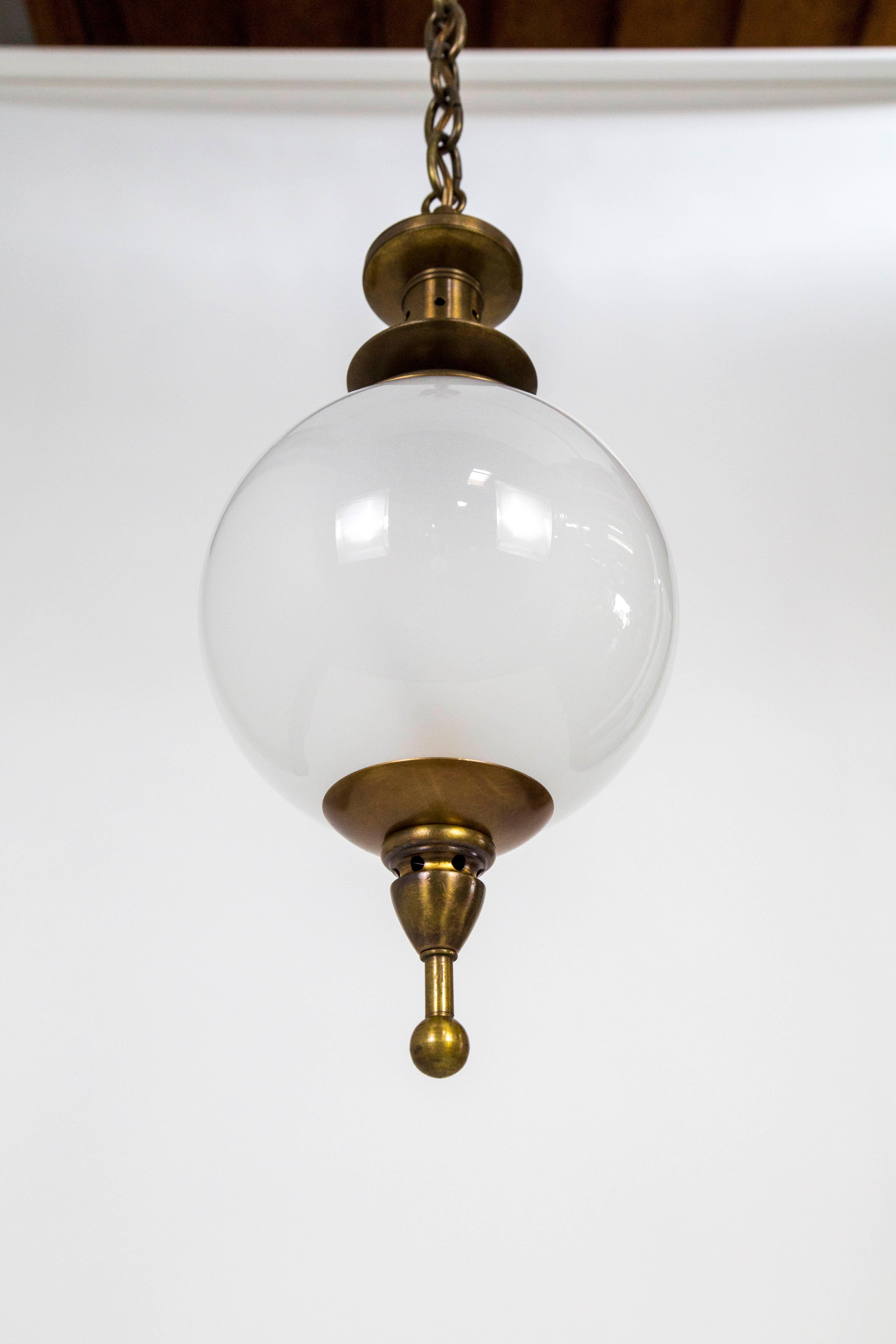 Custom Brass Capped White Glass Globe Pendant '2 Available' 4