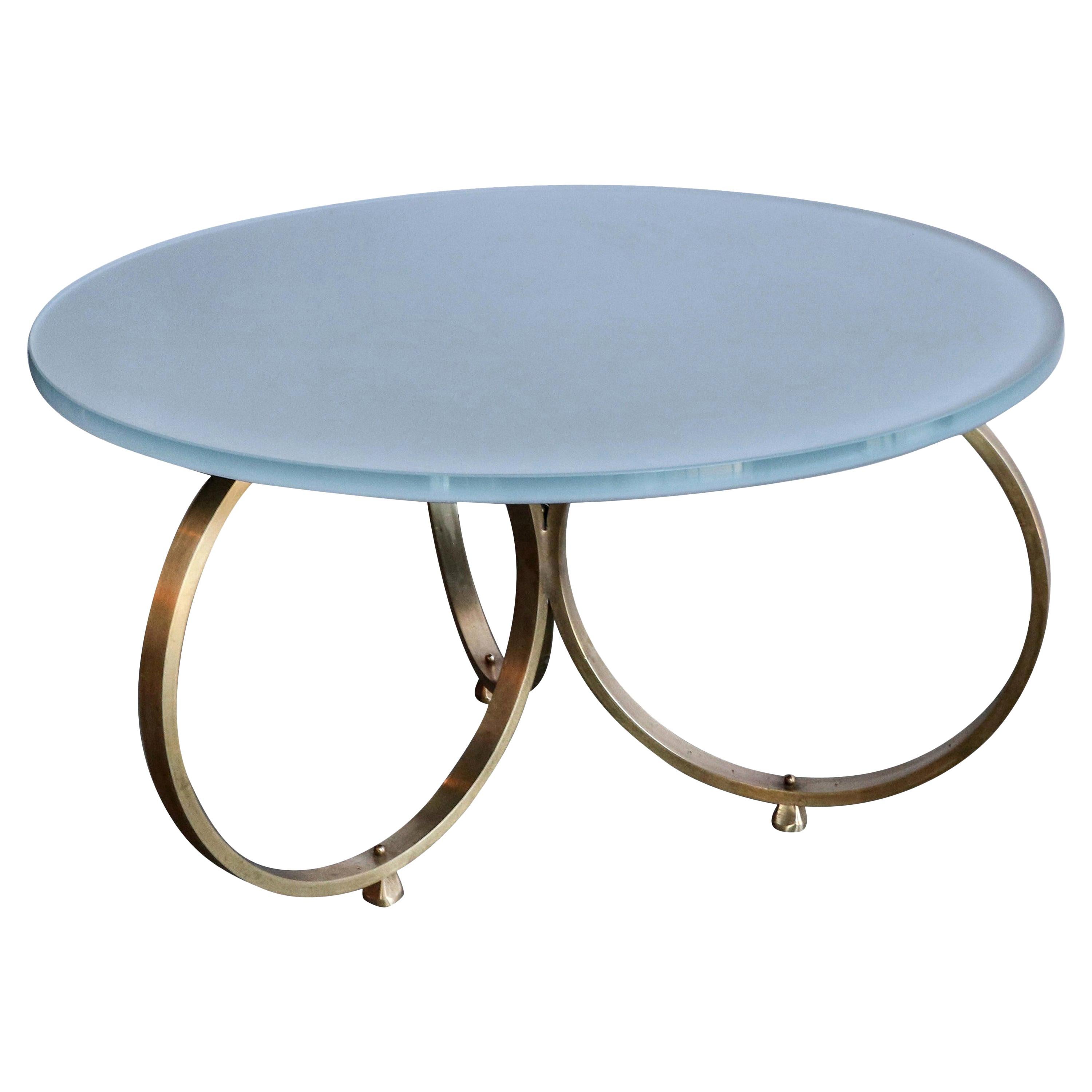 Custom brass coffee table with reverse painted grey blue glass top.  Handmade in Los Angeles by Adesso Imports. Can be done in many colors and finishes.