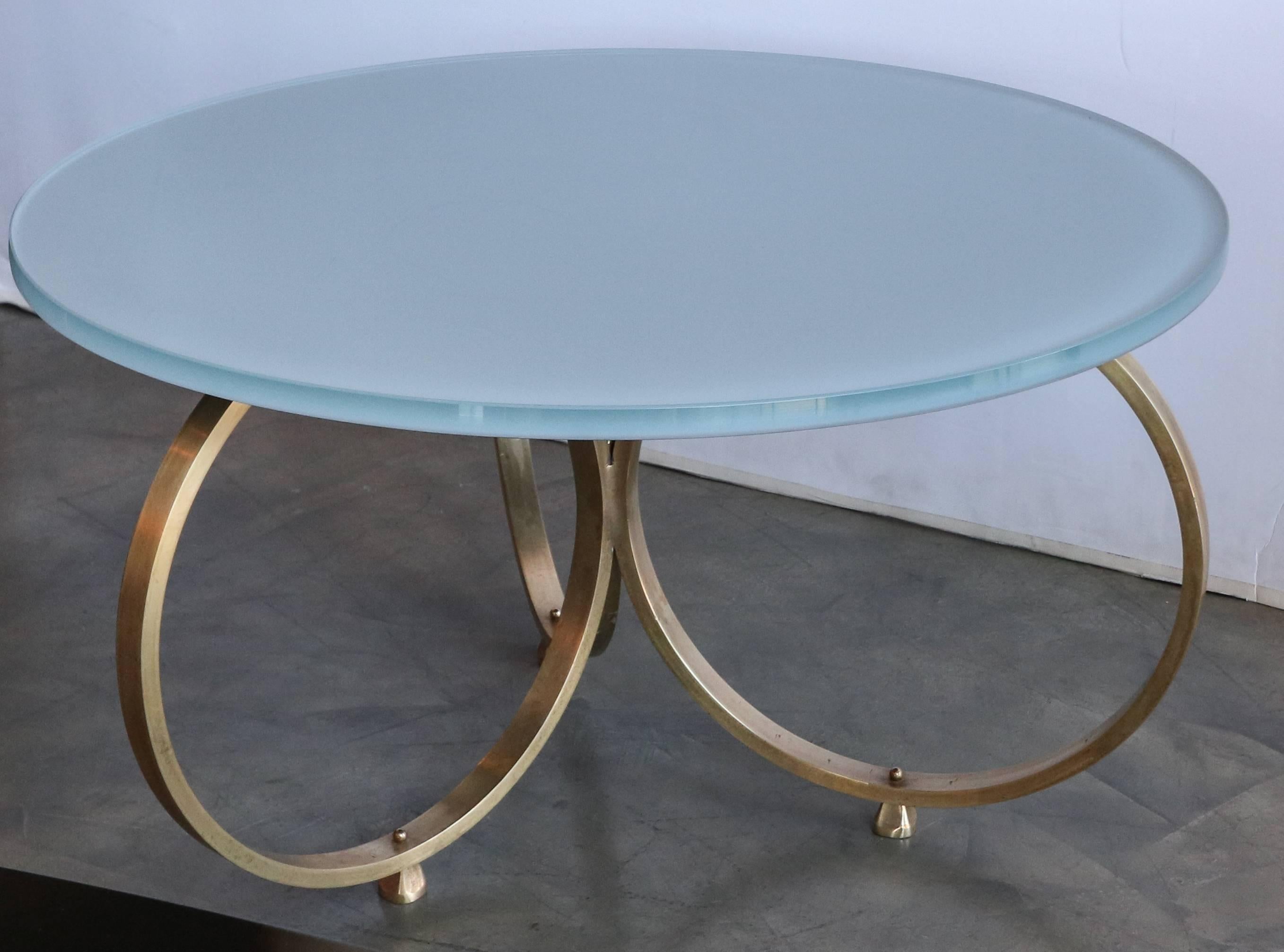 Mid-Century Modern Custom Brass Coffee Table with Blue Reverse Painted Glass Top by Adesso Imports For Sale