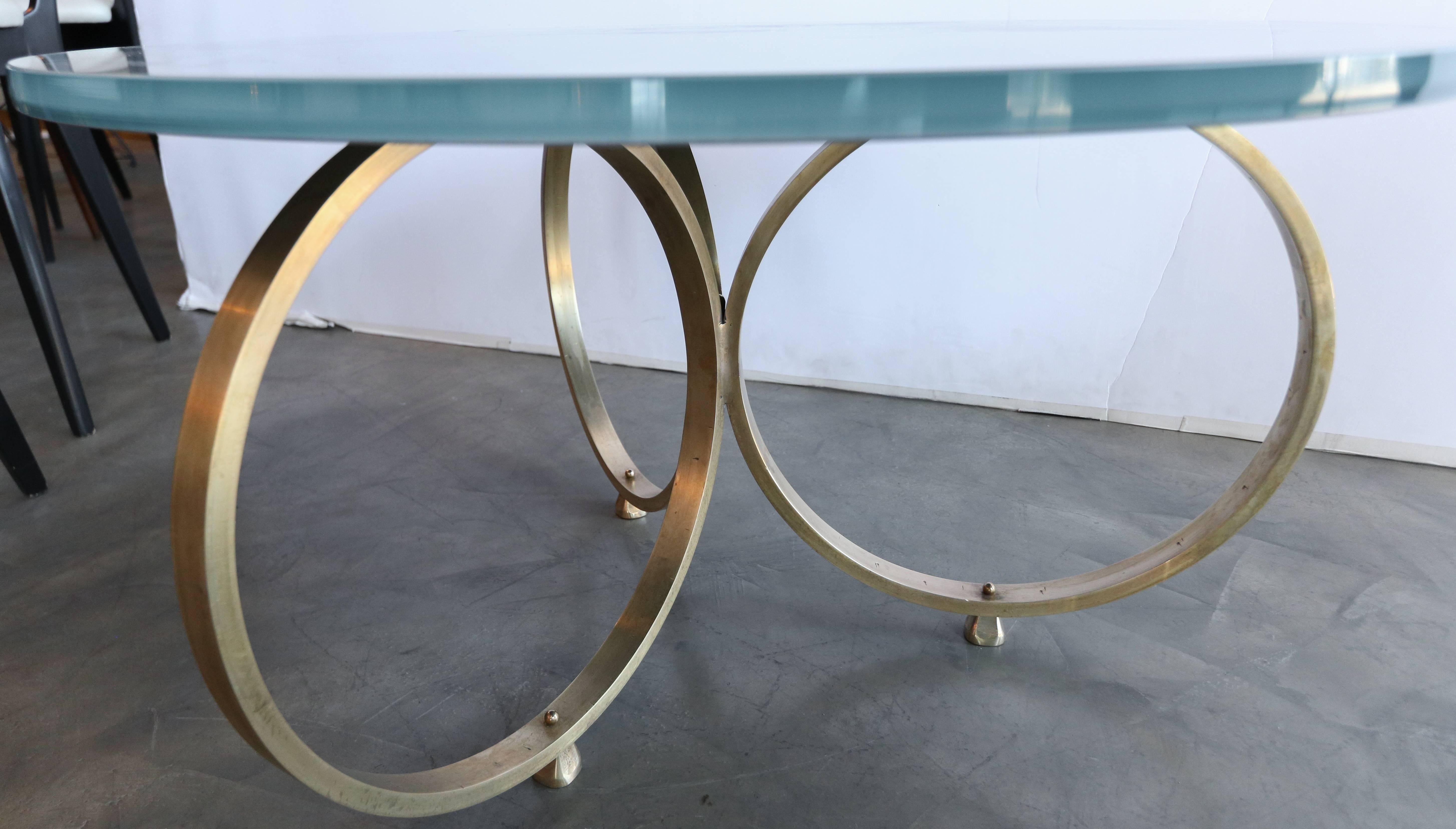 American Custom Brass Coffee Table with Blue Reverse Painted Glass Top by Adesso Imports For Sale