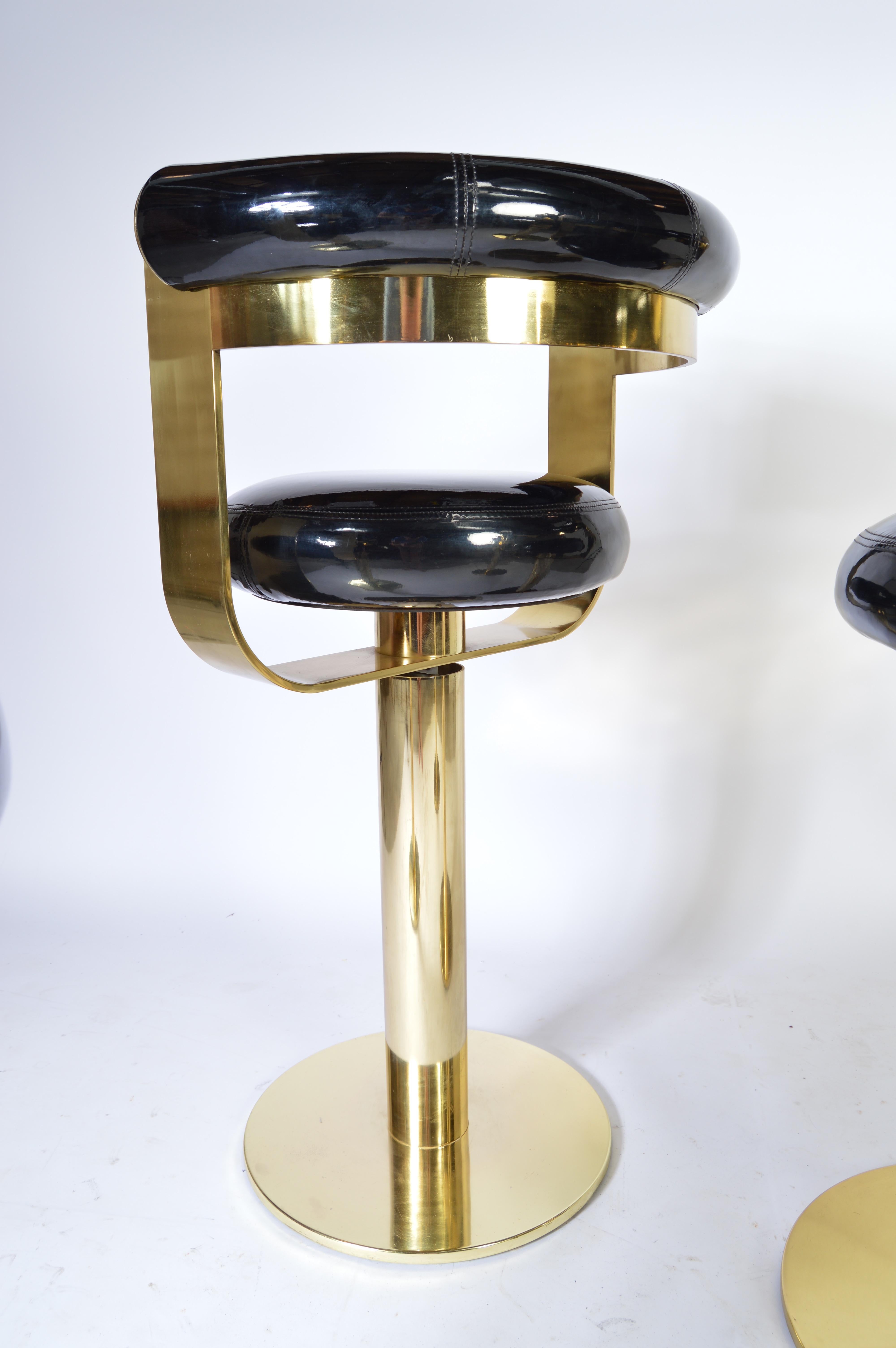 Custom Brass Counter Bar Stools in the Manner of Design For Leisure, circa 1970 In Excellent Condition In Southampton, NJ