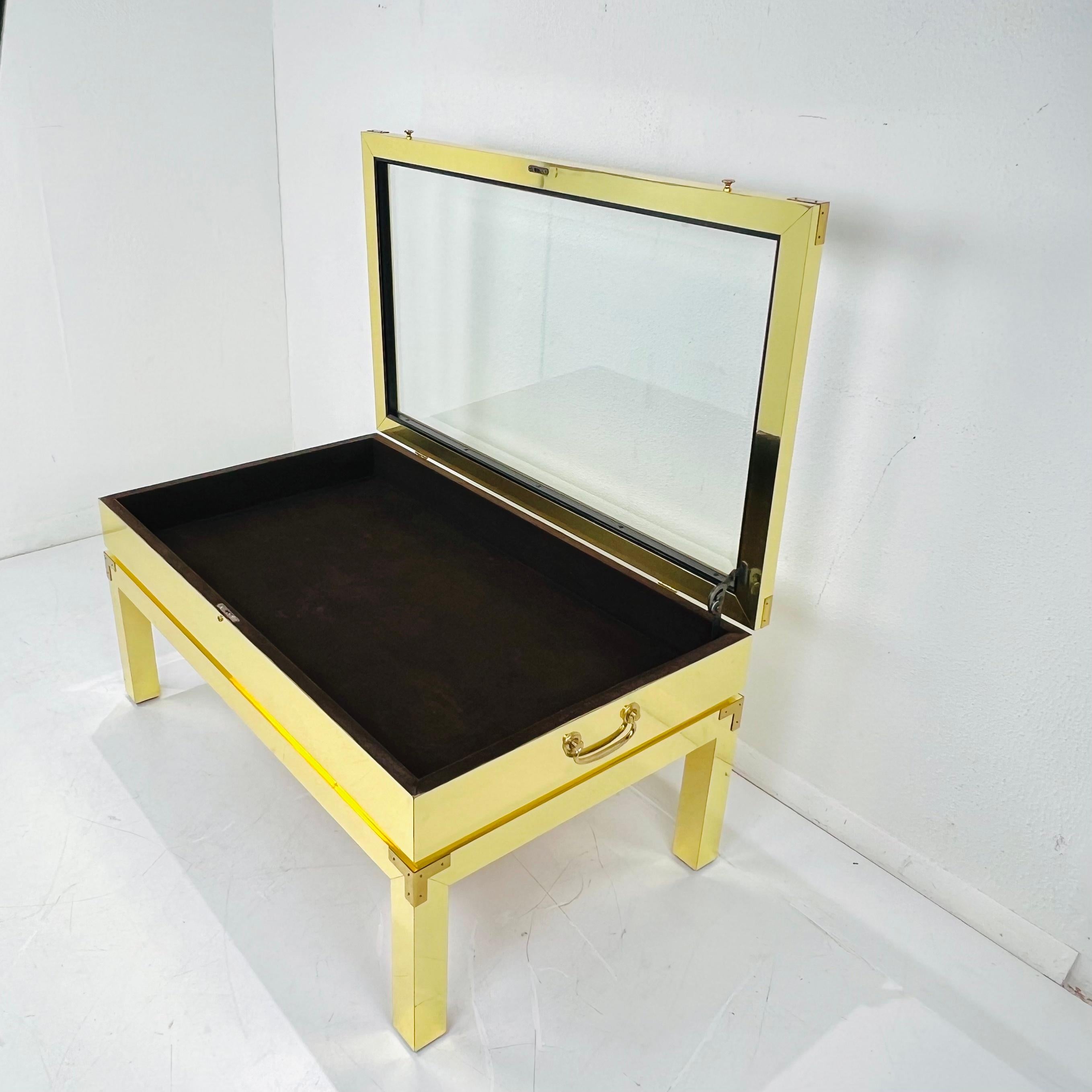 Custom Brass Wrapped Campaign Style Display Table In Good Condition For Sale In Dallas, TX