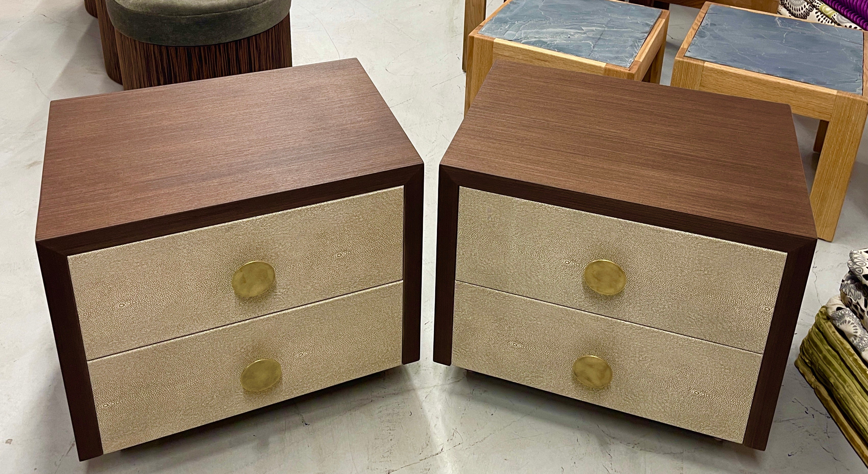 A pretty set of 2 nightstands we had custom made in Wenge veneer with Shagreen Edelman leather drawer fronts. These nightstands are custom made for us by a local Palm Springs artisan. These are available immediately but can be customized into