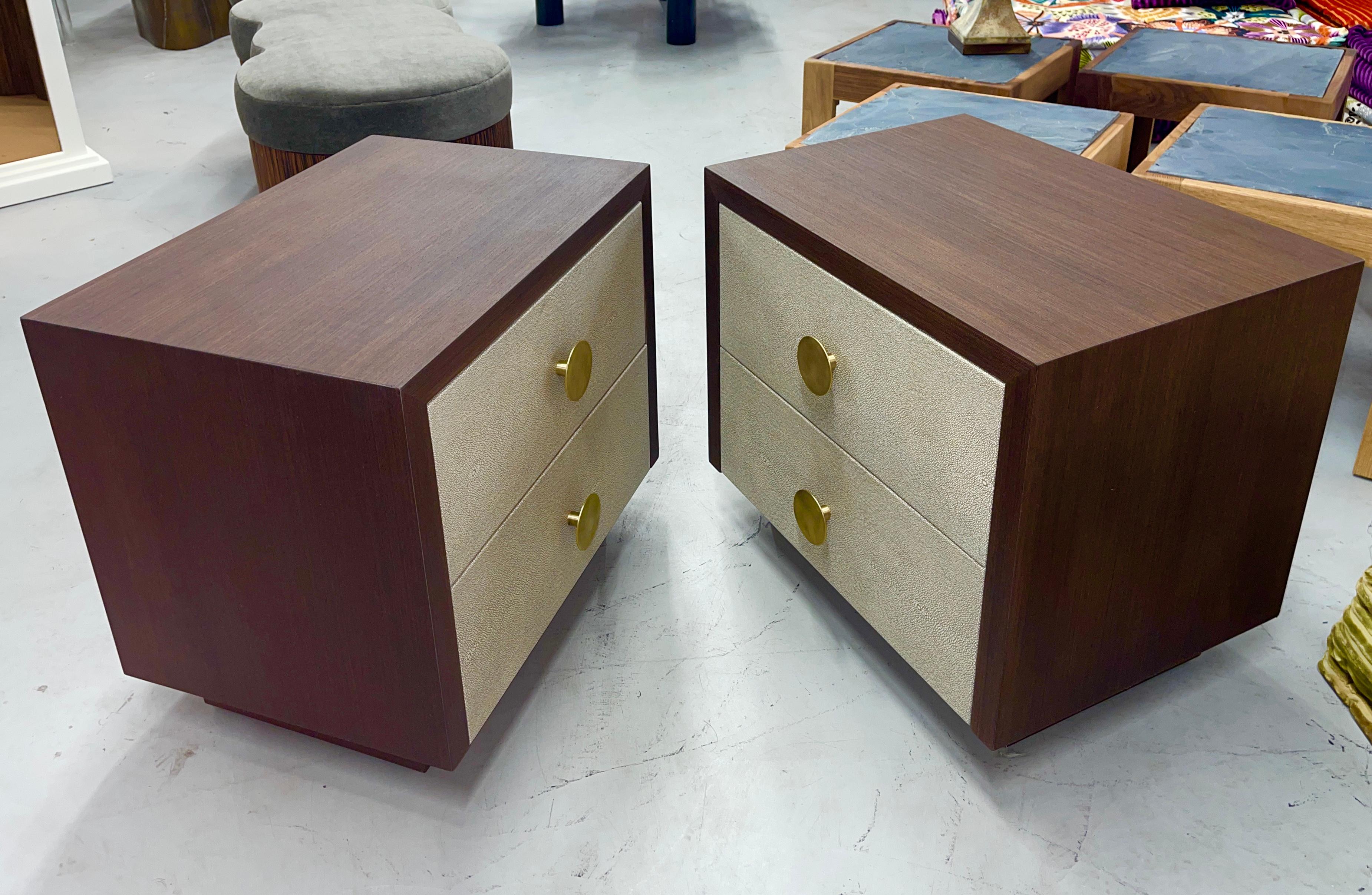 Hand-Crafted Custom Bridges over Time Wenge and Shagreen Leather Nightstands For Sale