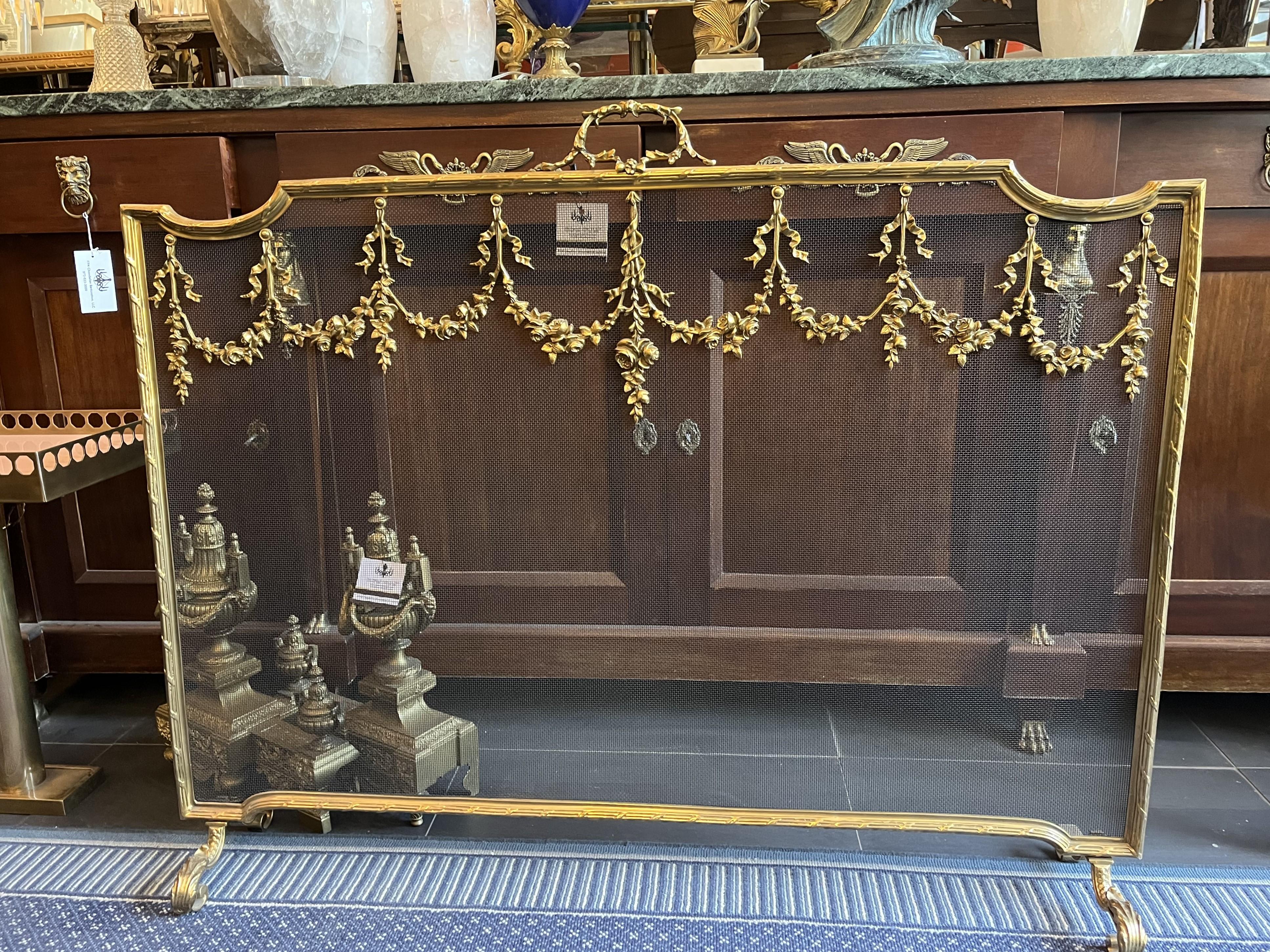 A unique custom-made 20 century, Louis XVI style Gilt Bronze Firescreen, with ornated bronze roses. 