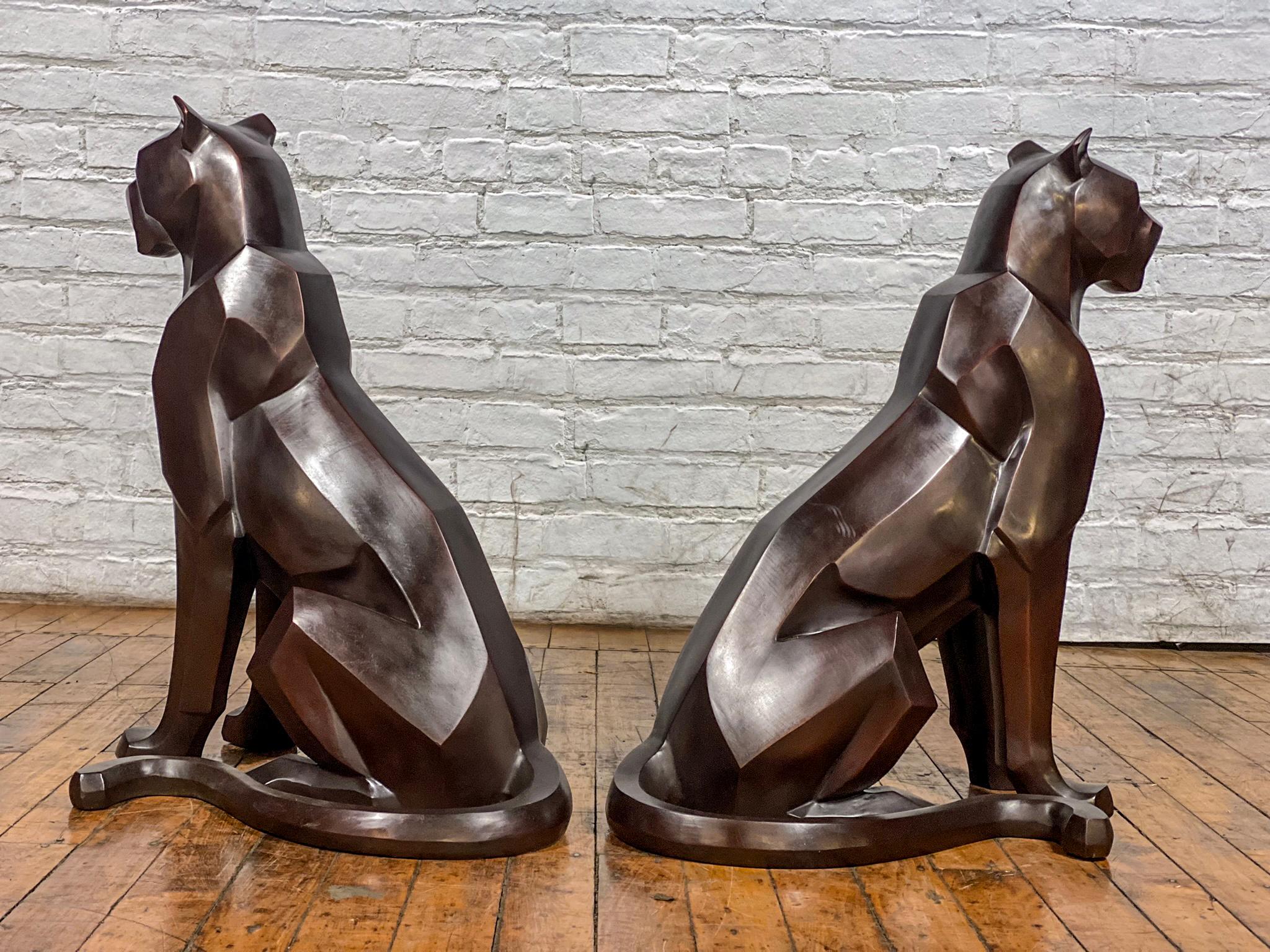 Custom Bronze Pair of Modern Sitting Mountain Lions For Sale 4
