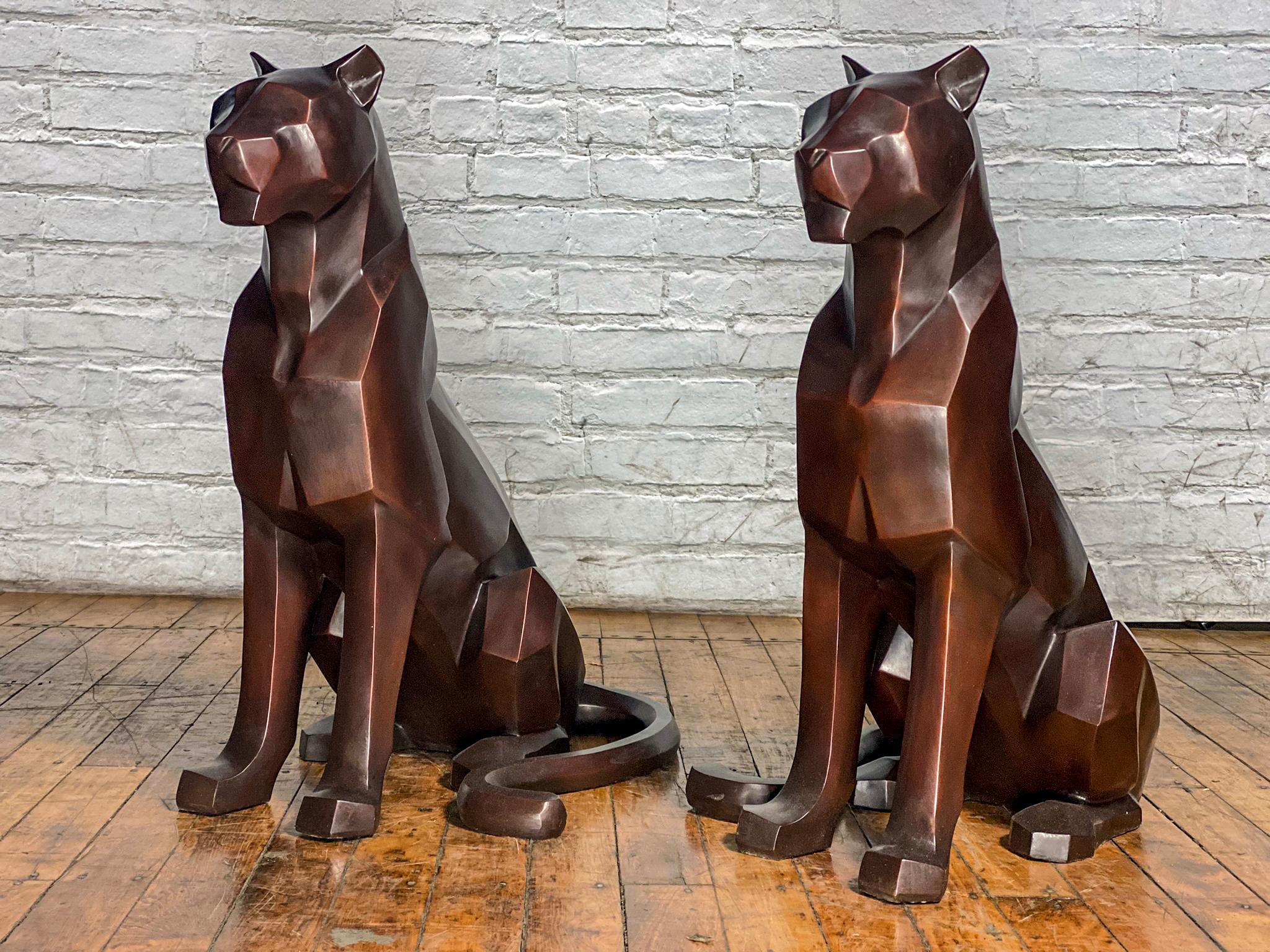 Custom Bronze Pair of Modern Sitting Mountain Lions For Sale 5