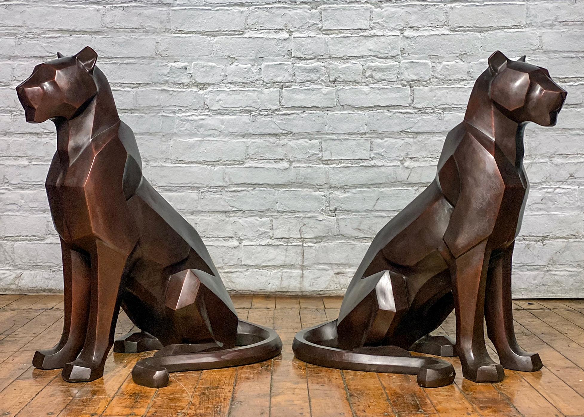 Custom Bronze Pair of Modern Sitting Mountain Lions In New Condition For Sale In Yonkers, NY