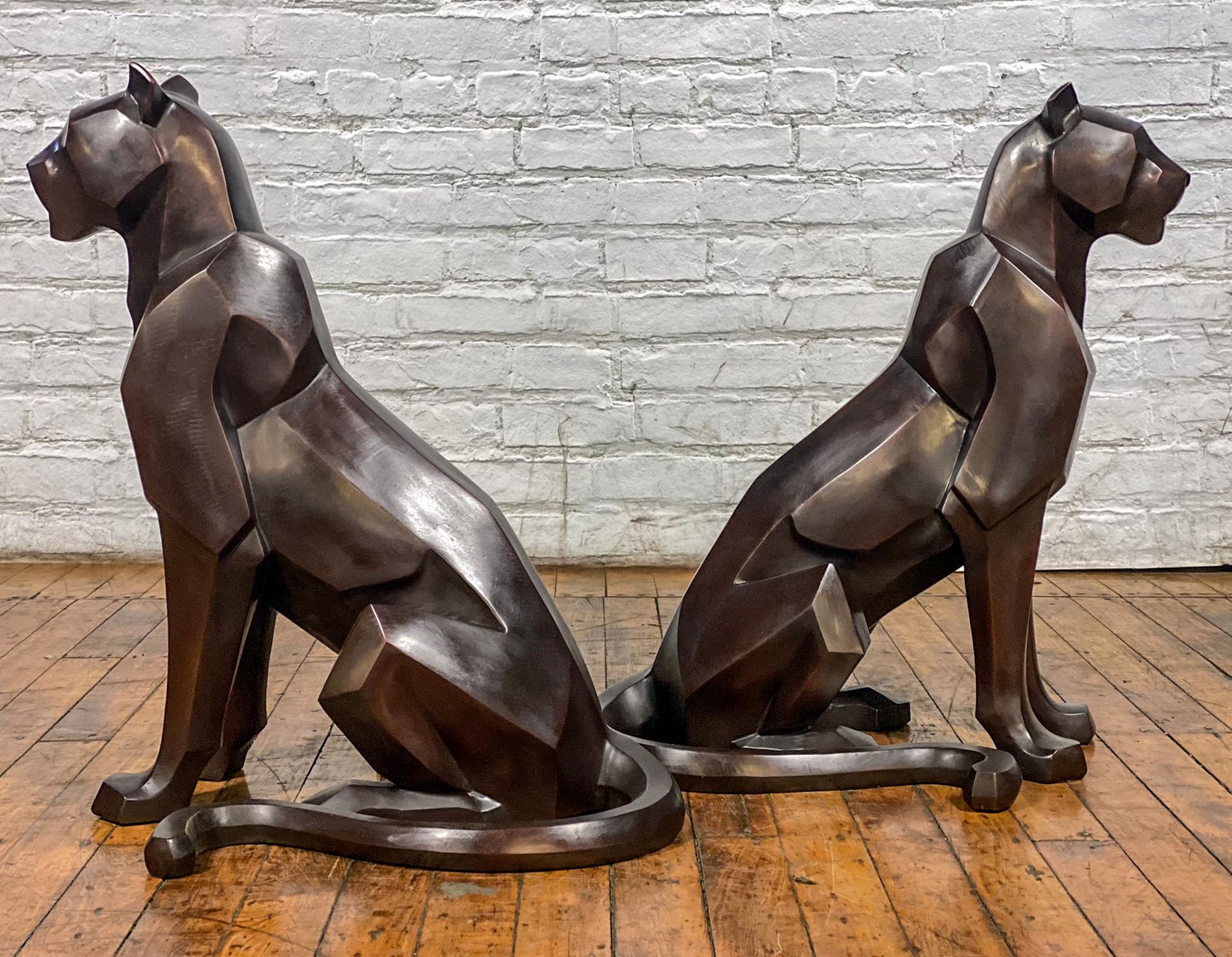 Custom Bronze Pair of Modern Sitting Mountain Lions For Sale 2