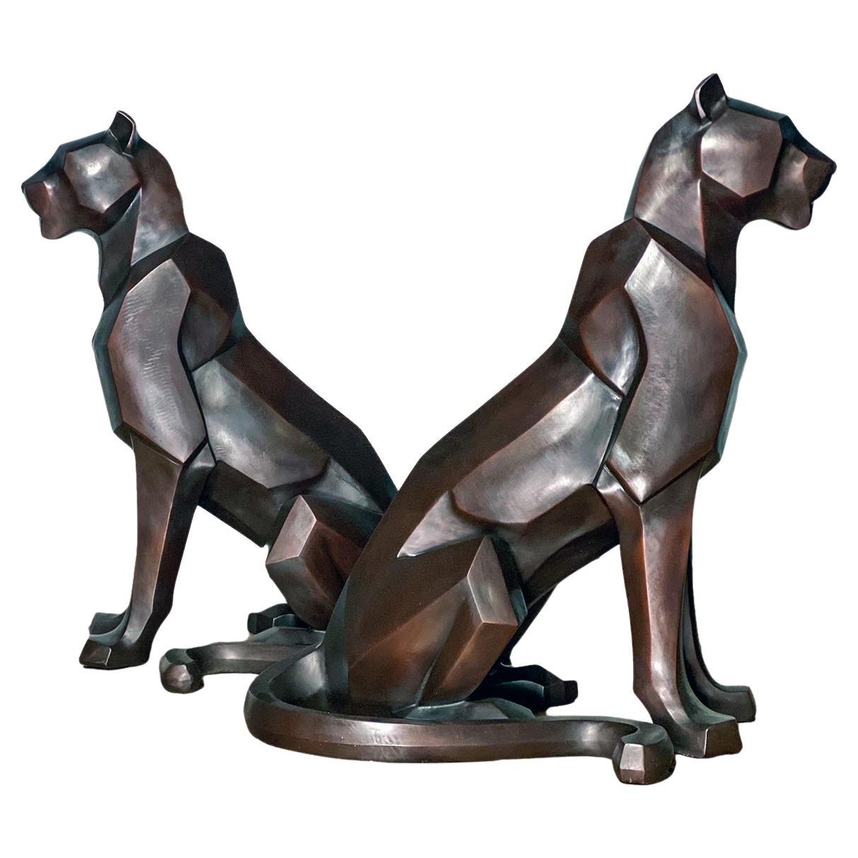 Custom Bronze Pair of Modern Sitting Mountain Lions