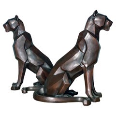 Custom Bronze Pair of Modern Sitting Mountain Lions
