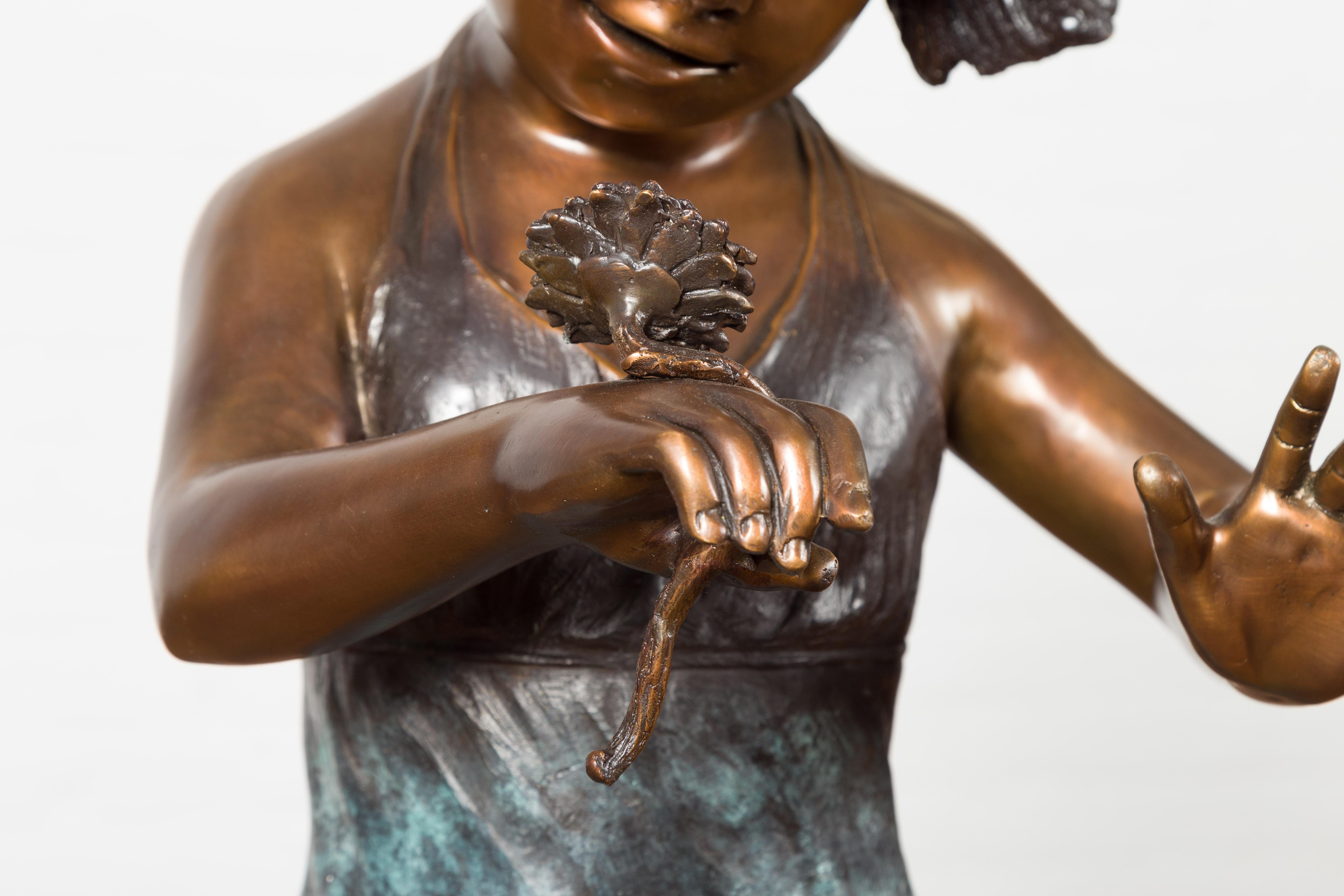 Bronze Garden Statue of a Girl Holding a Flower in Her Hand on Base For Sale 5