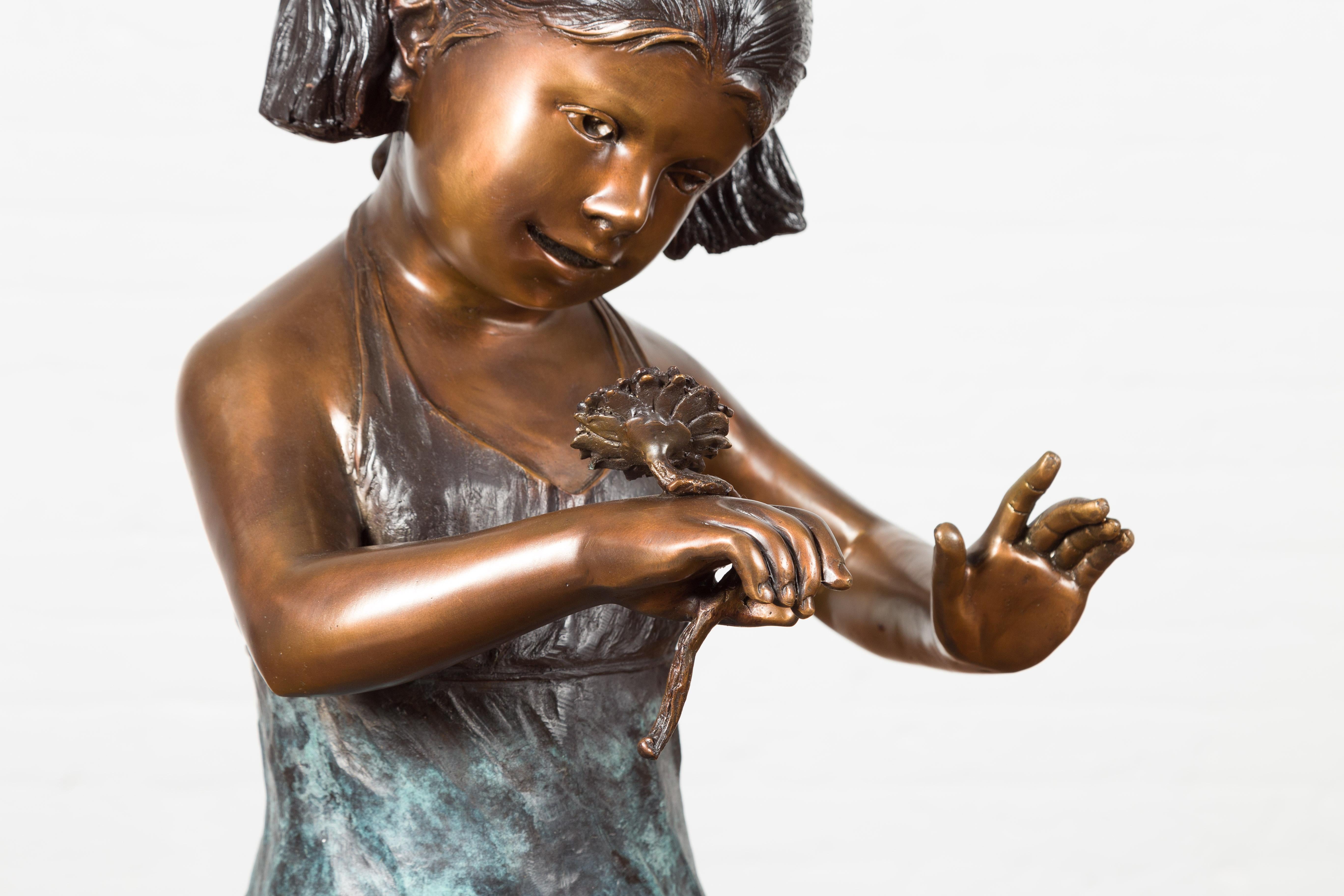 Bronze Garden Statue of a Girl Holding a Flower in Her Hand on Base For Sale 10