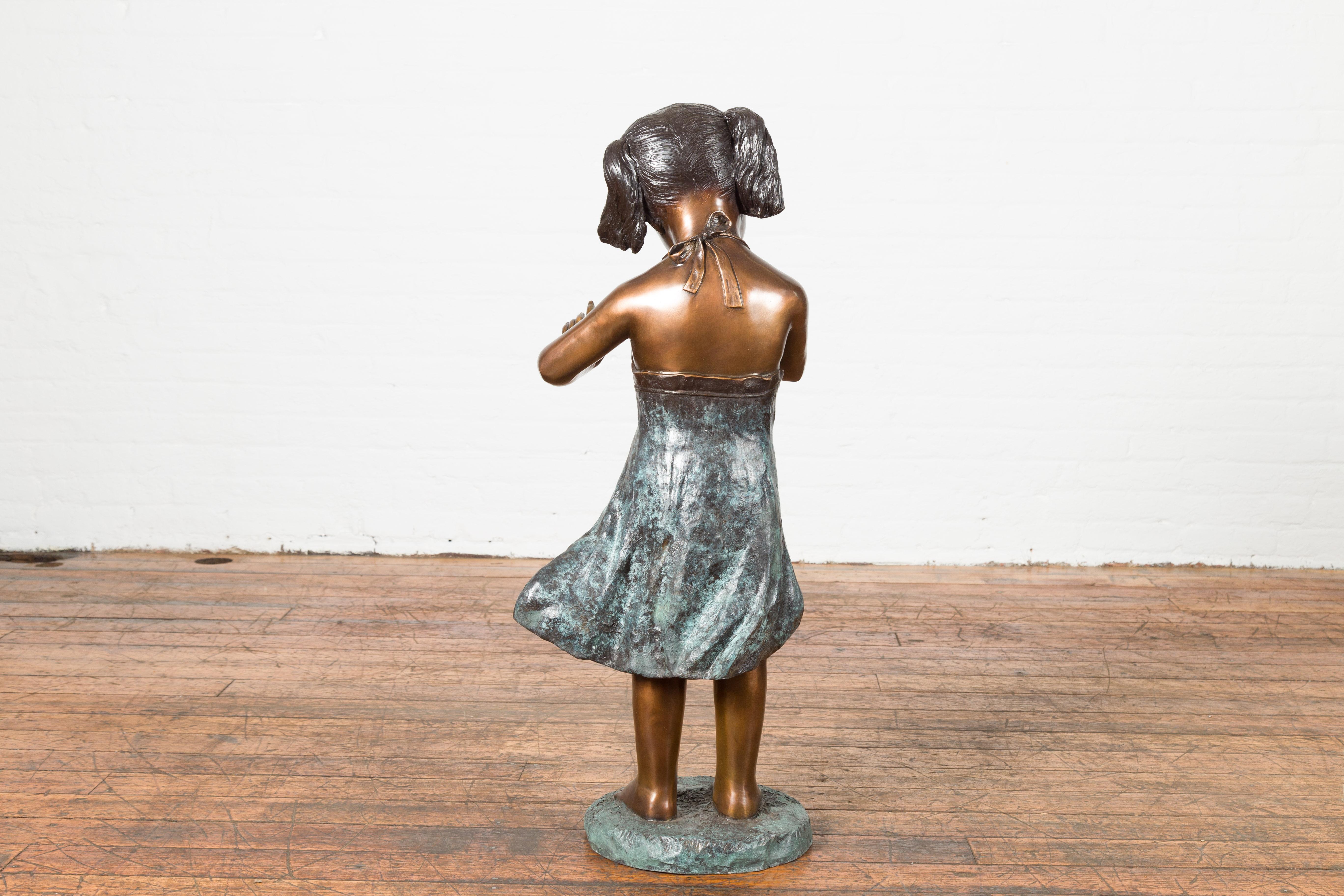 Bronze Garden Statue of a Girl Holding a Flower in Her Hand on Base For Sale 13