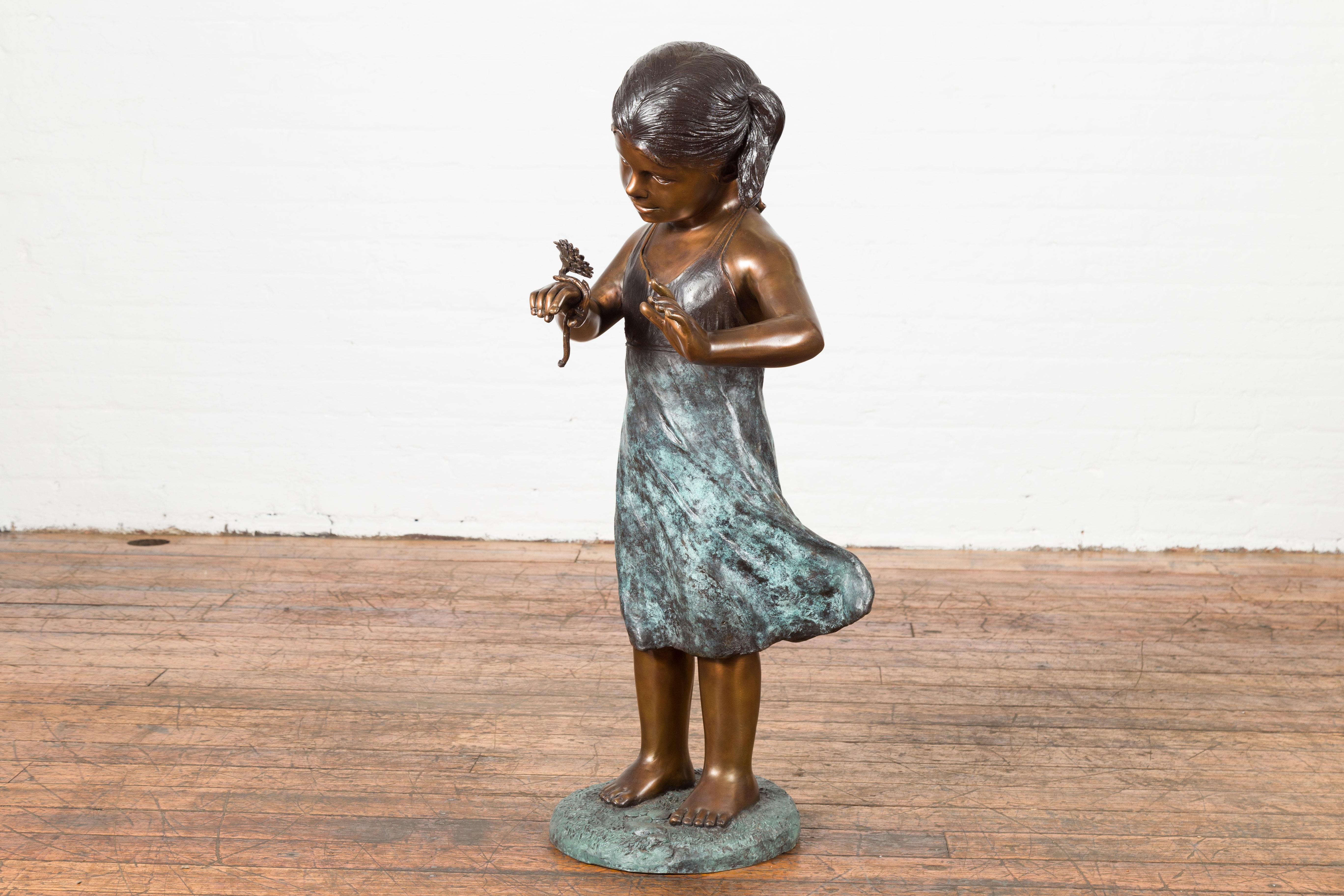 Bronze Garden Statue of a Girl Holding a Flower in Her Hand on Base For Sale 15