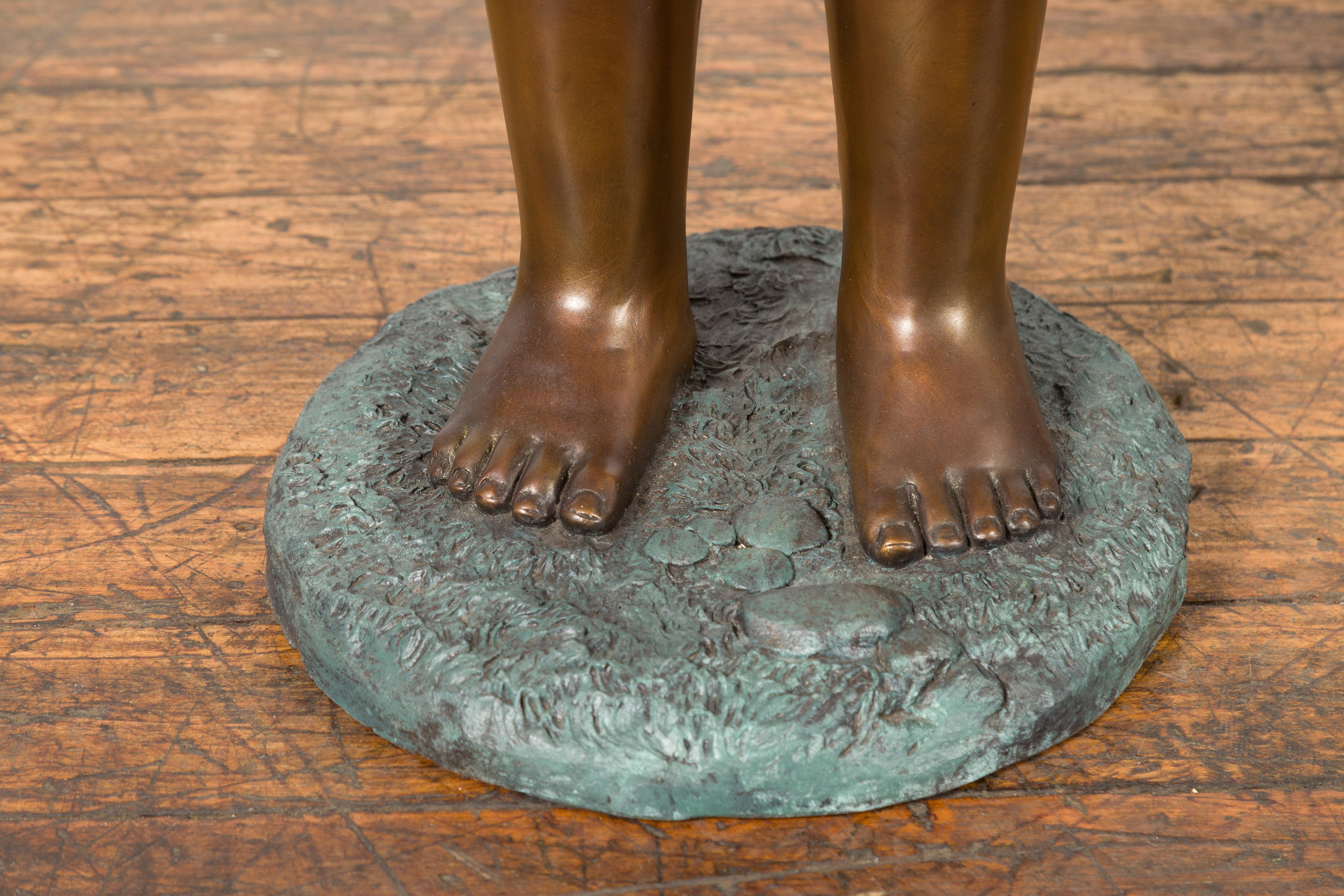 Bronze Garden Statue of a Girl Holding a Flower in Her Hand on Base For Sale 3