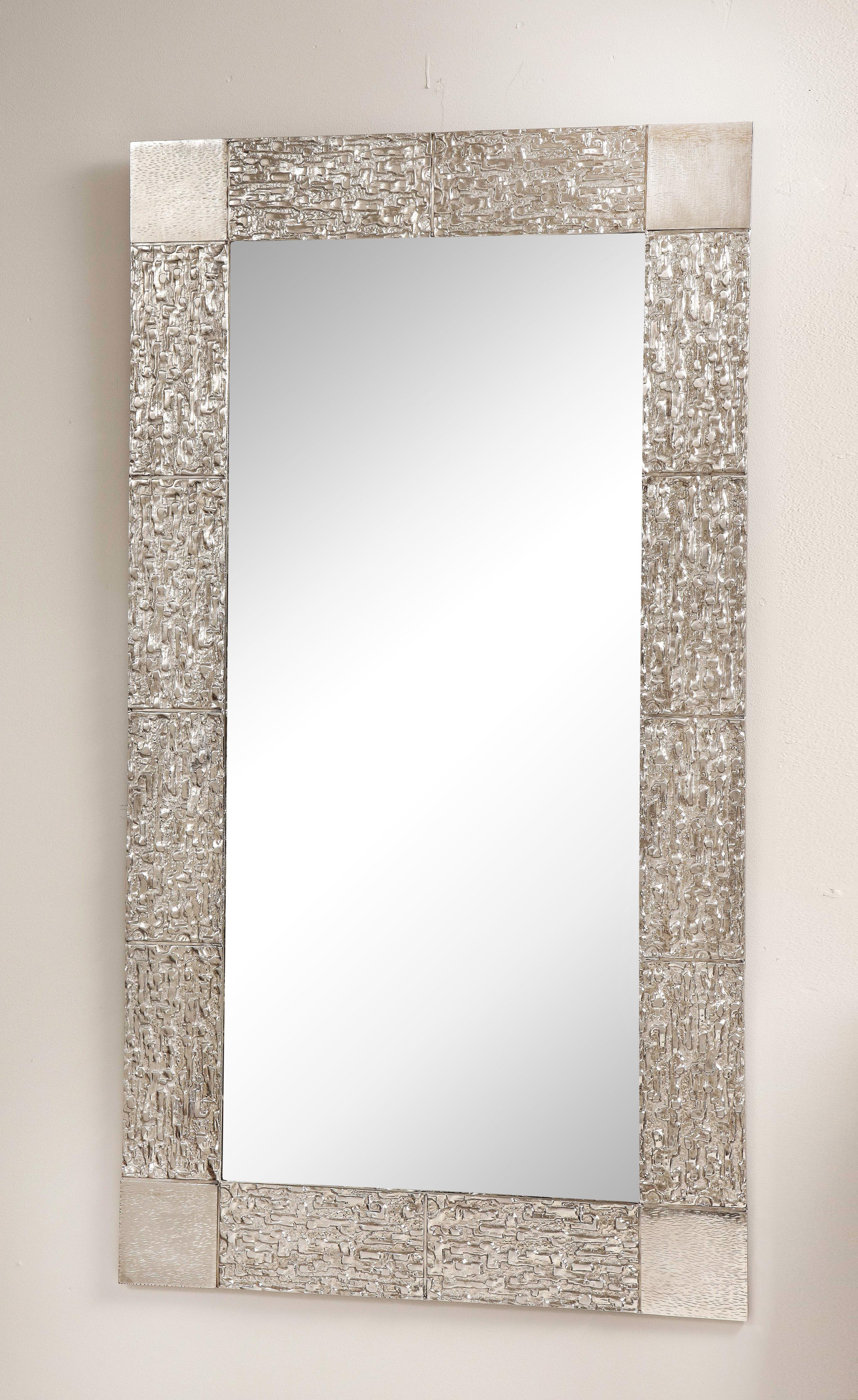 Custom Brutalist mirror in the style of Luciano Frigerio in brushed nickel. Customization is available in different sizes and finishes.