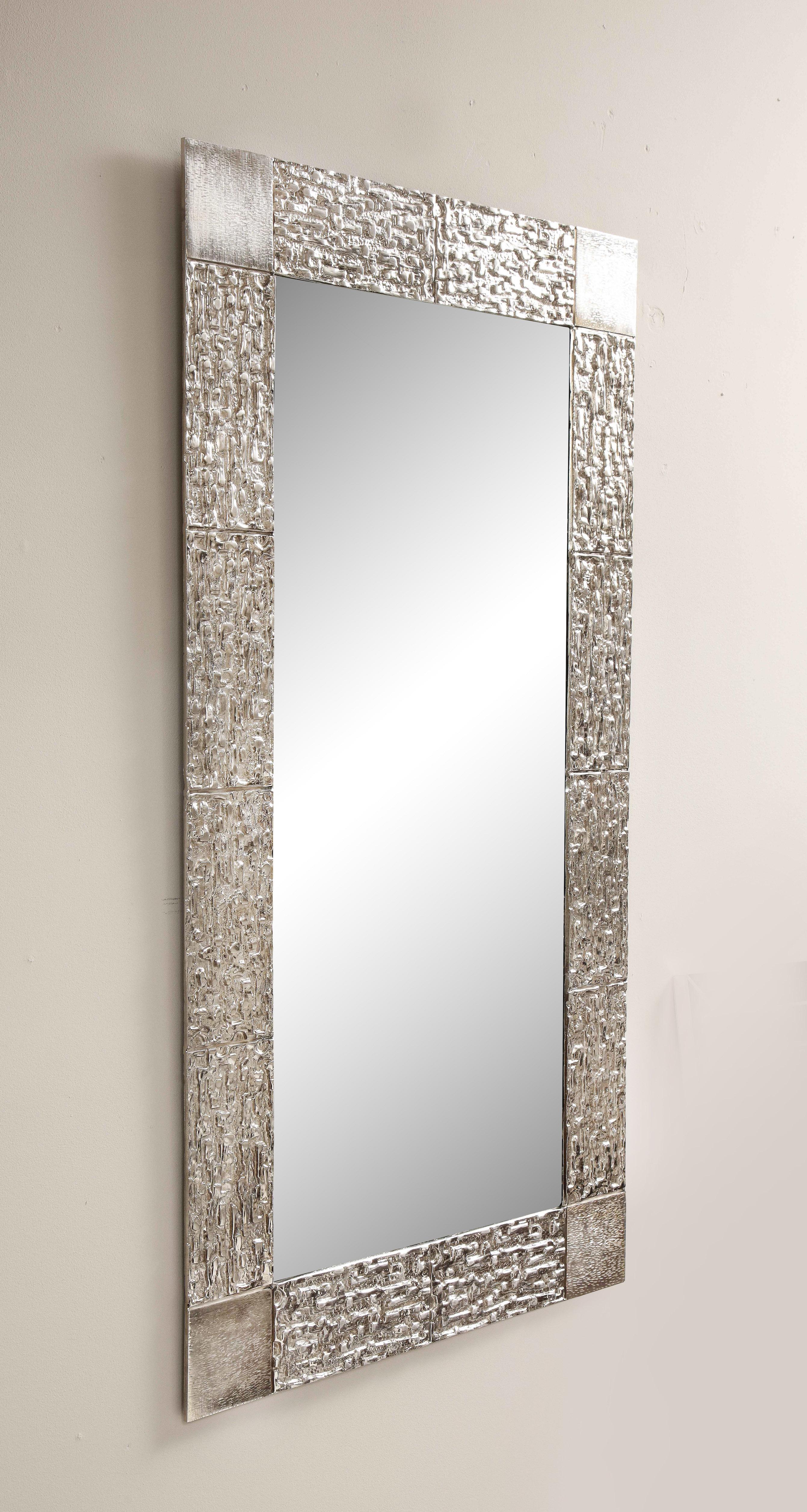 North American Custom Brutalist Mirror in the Style of Luciano Frigerio in Brushed Nickel For Sale
