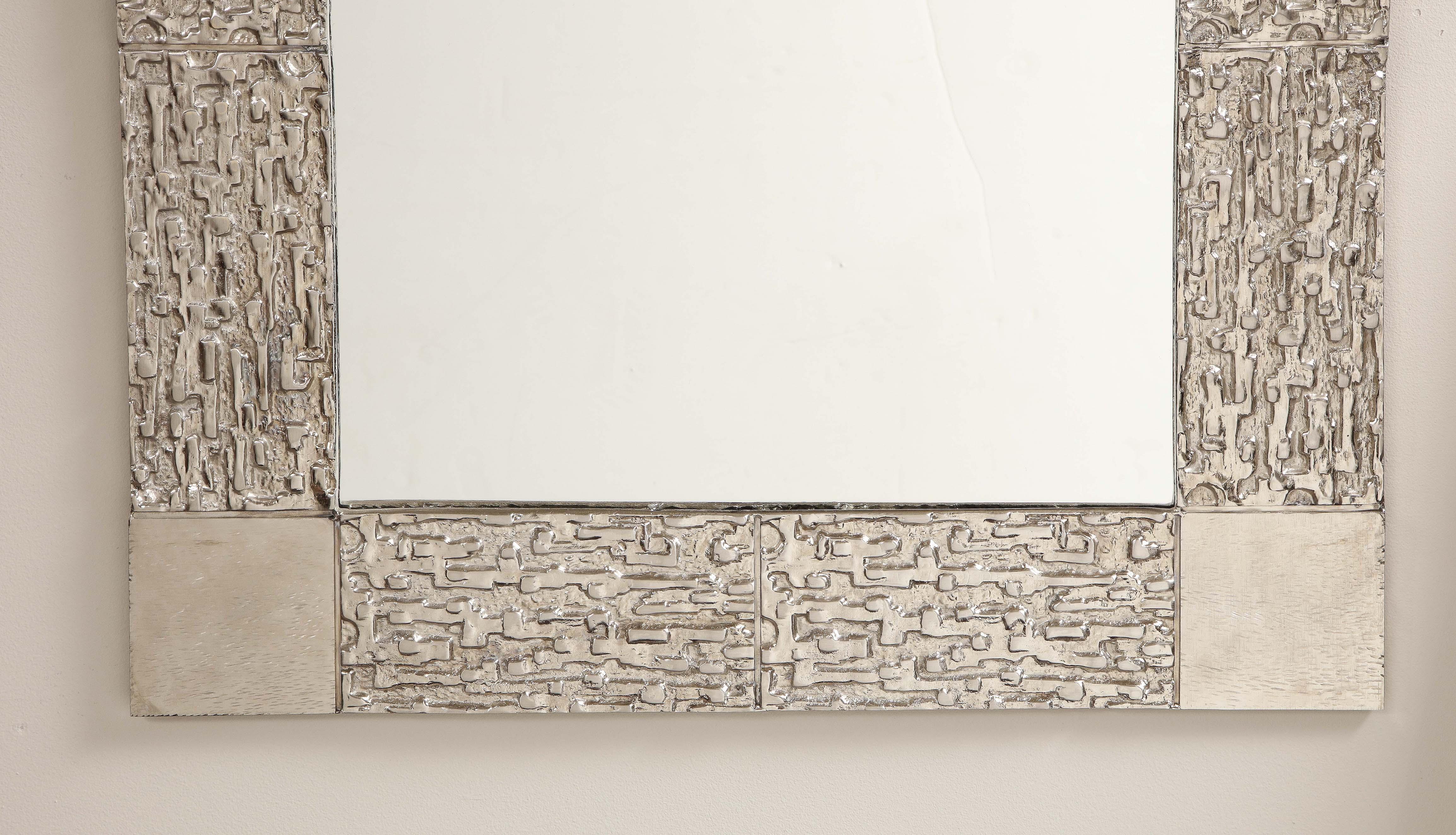 Custom Brutalist Mirror in the Style of Luciano Frigerio in Brushed Nickel For Sale 1