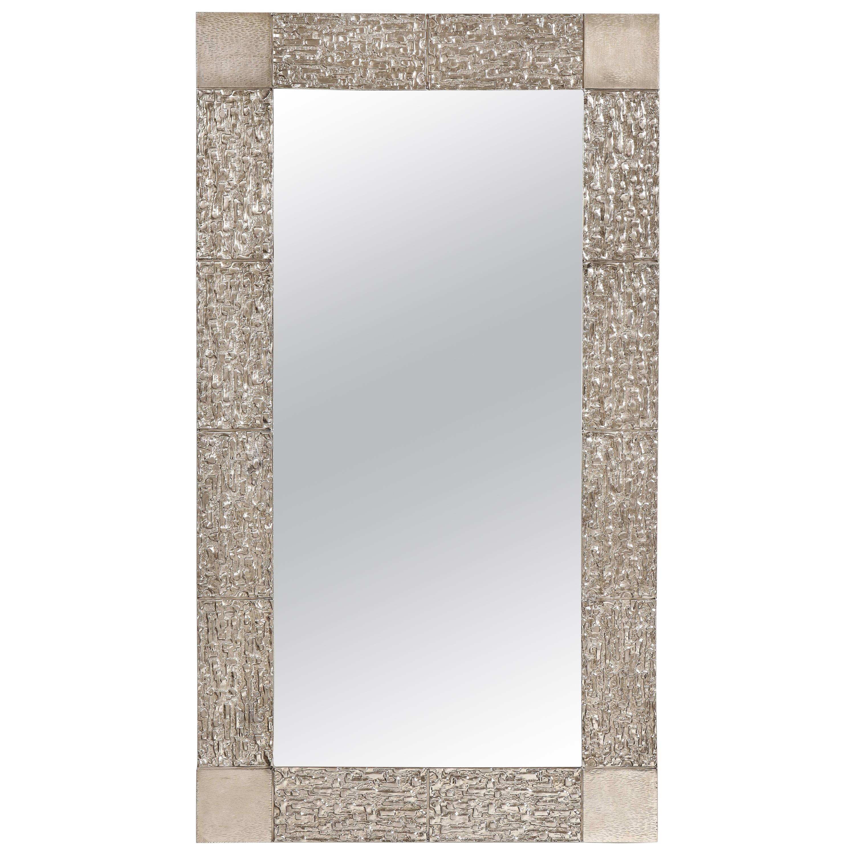 Custom Brutalist Mirror in the Style of Luciano Frigerio in Brushed Nickel For Sale