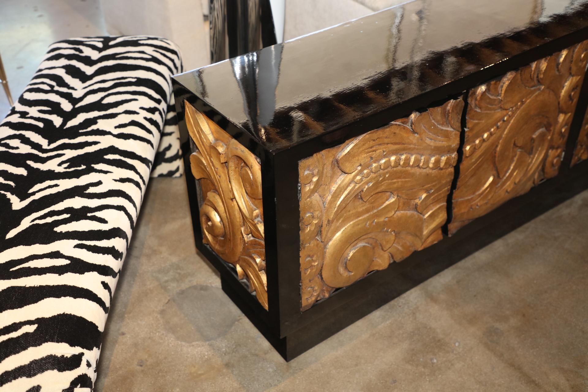 Custom Built Black Lacquer Credenza with Carved Gold Leaf Front Doors 3