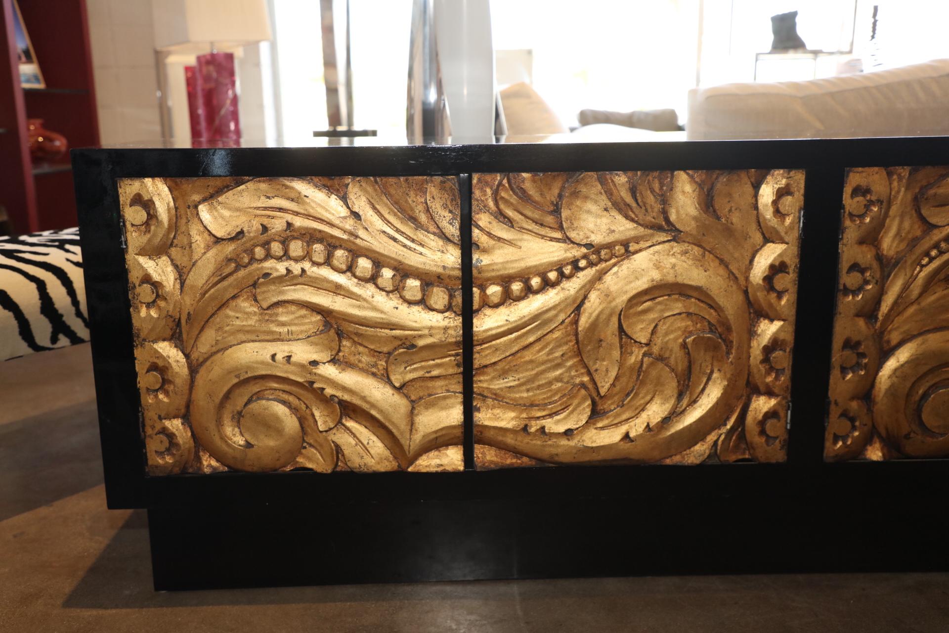 Custom Built Black Lacquer Credenza with Carved Gold Leaf Front Doors 4