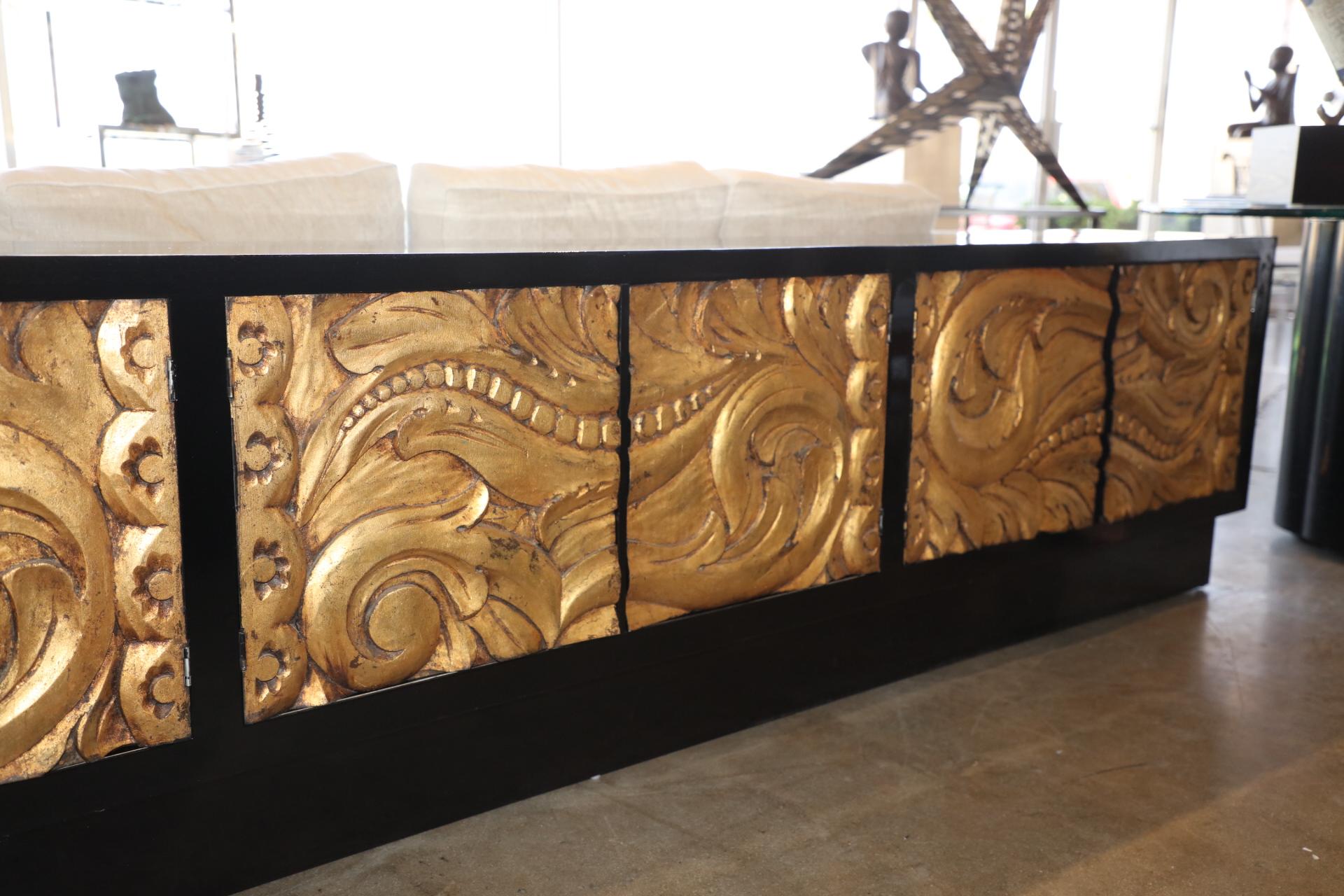 Custom Built Black Lacquer Credenza with Carved Gold Leaf Front Doors 5