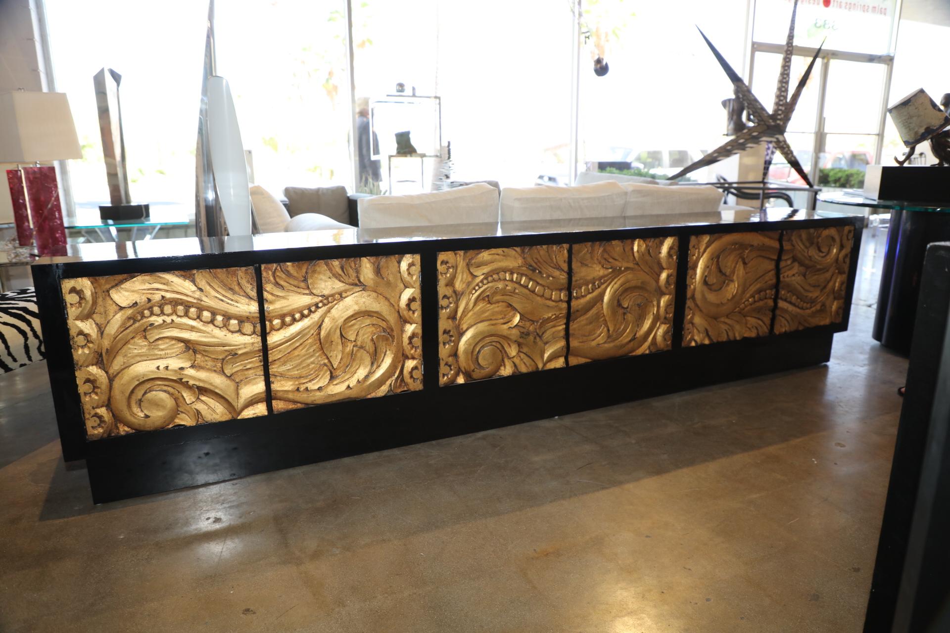 Custom Built Black Lacquer Credenza with Carved Gold Leaf Front Doors 6