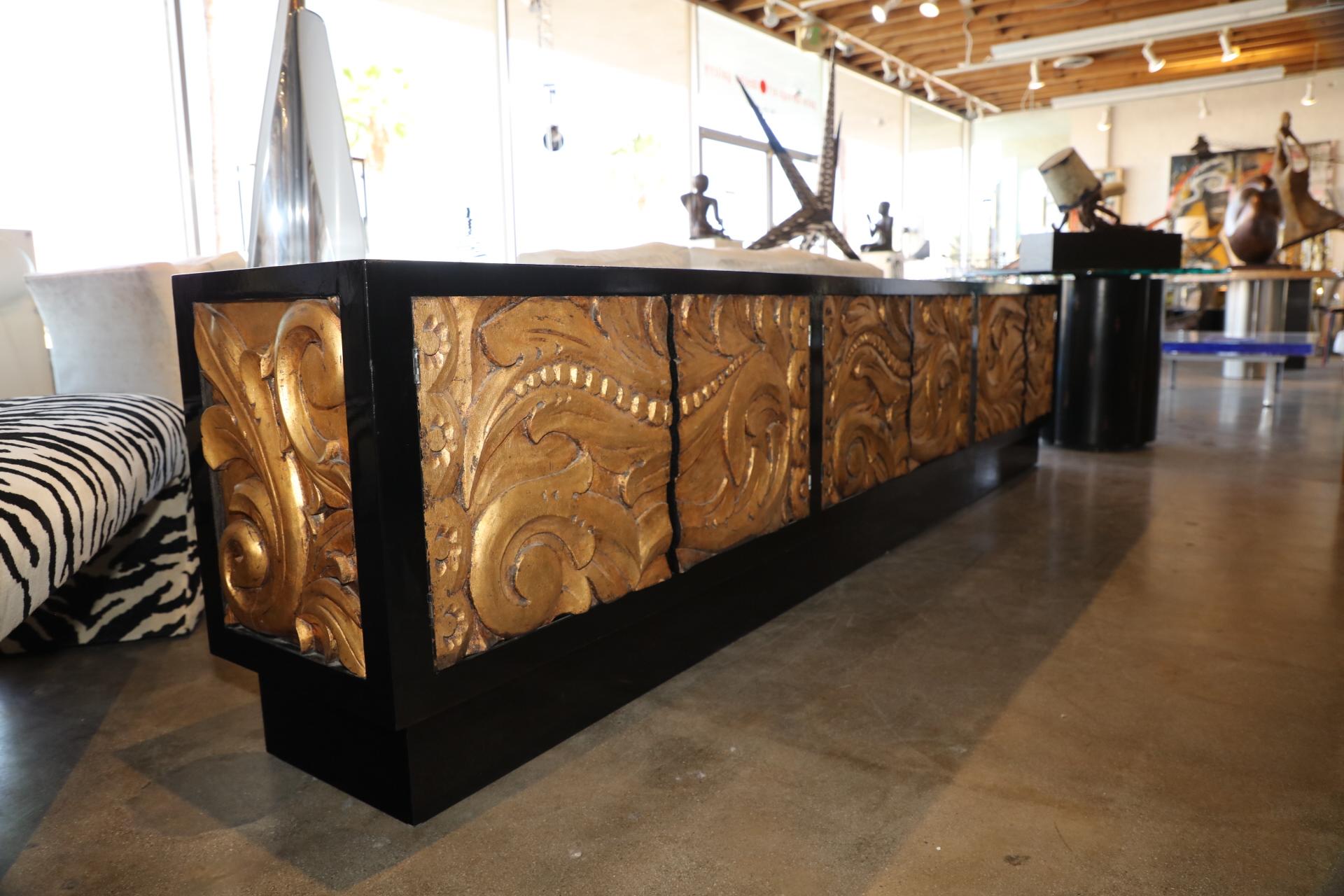 Custom Built Black Lacquer Credenza with Carved Gold Leaf Front Doors 7