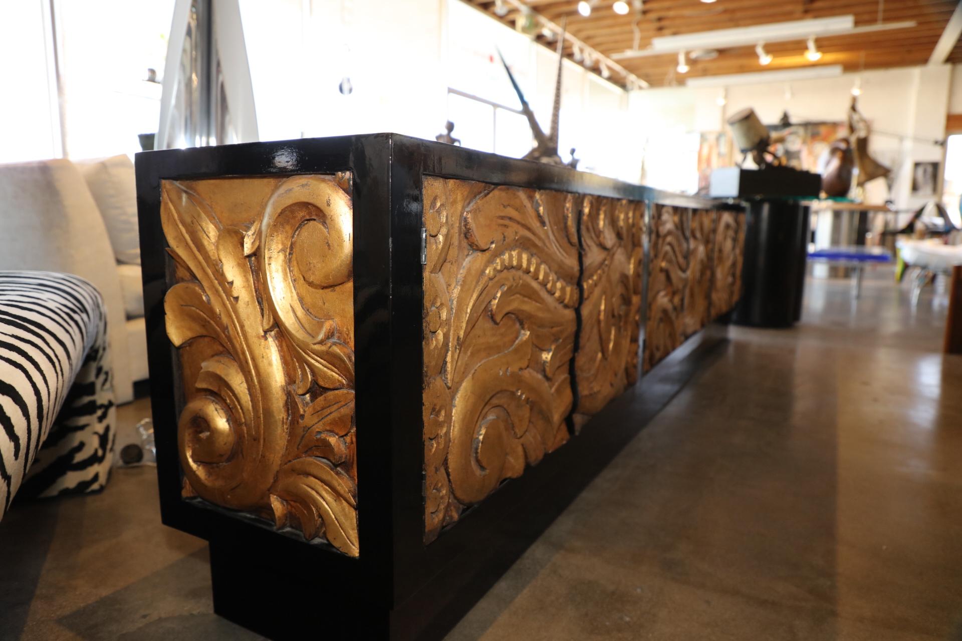 Custom Built Black Lacquer Credenza with Carved Gold Leaf Front Doors 8