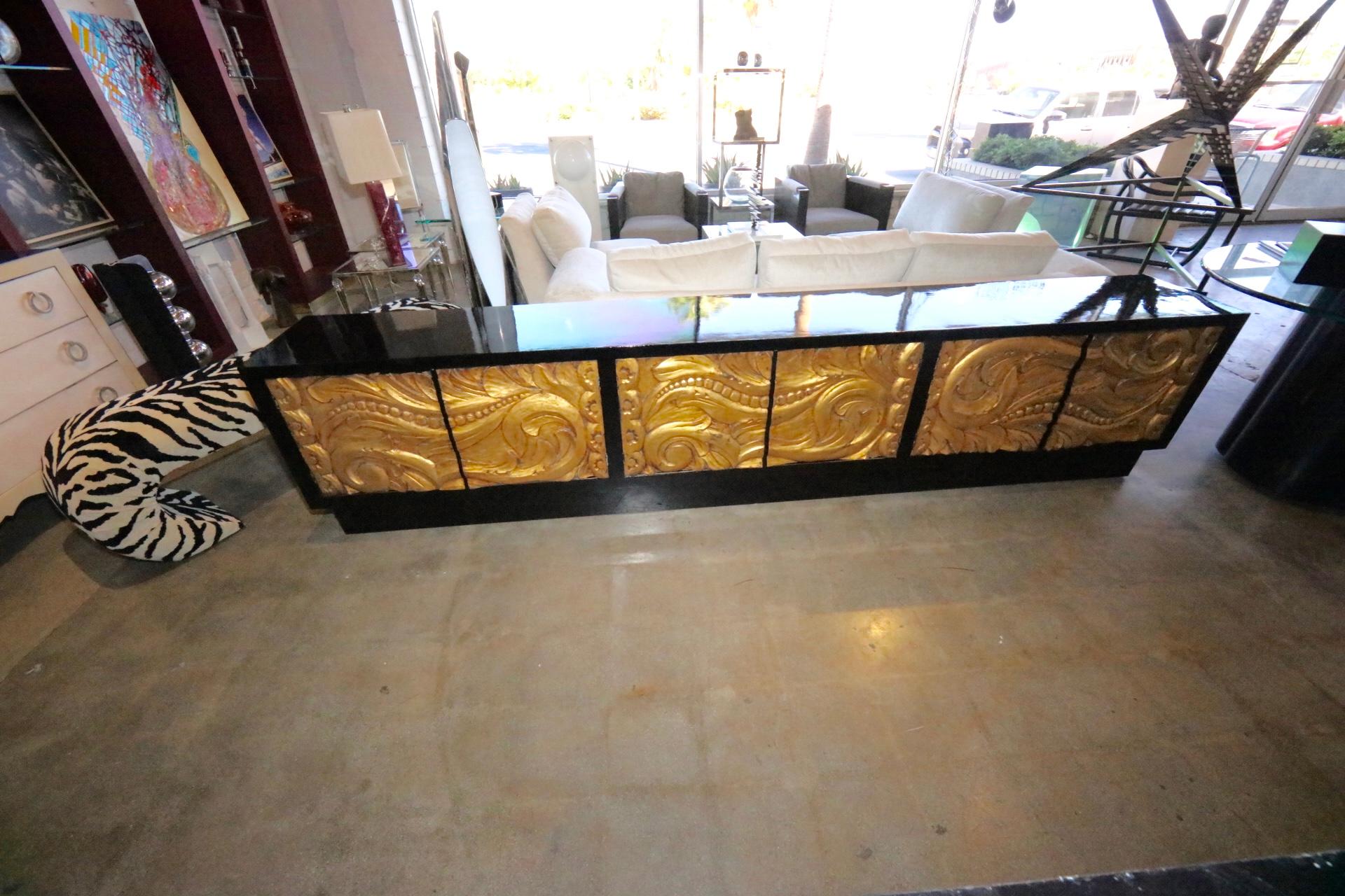 American Custom Built Black Lacquer Credenza with Carved Gold Leaf Front Doors