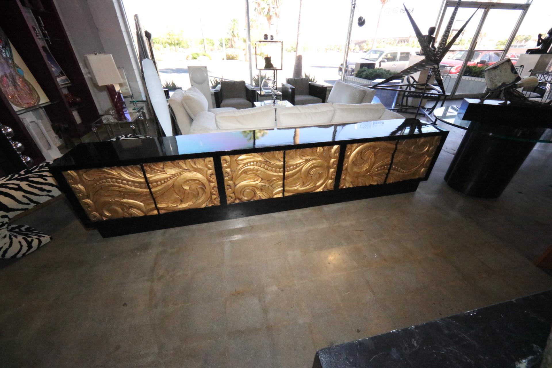 Custom Built Black Lacquer Credenza with Carved Gold Leaf Front Doors In Good Condition In Palm Springs, CA