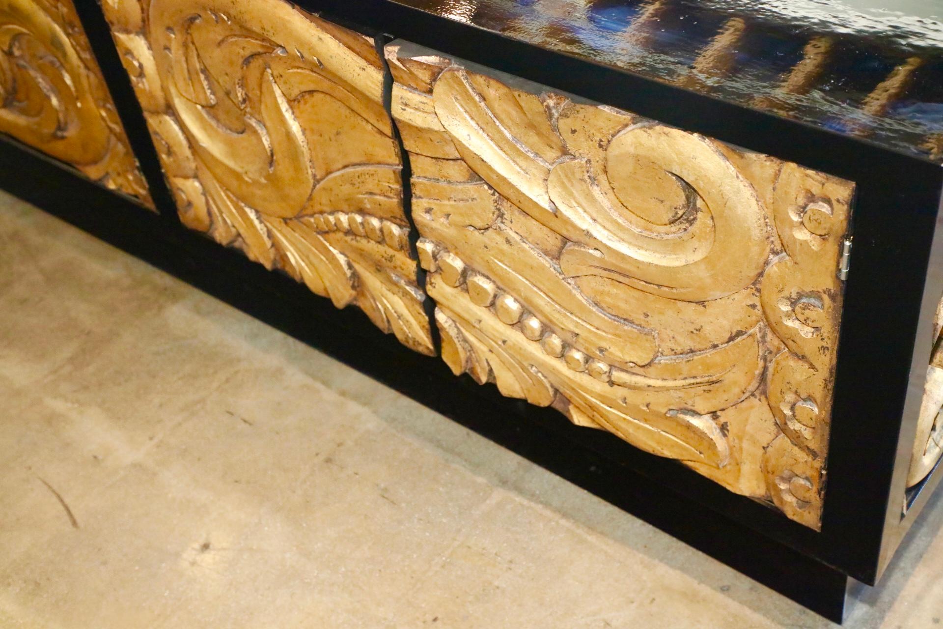 20th Century Custom Built Black Lacquer Credenza with Carved Gold Leaf Front Doors