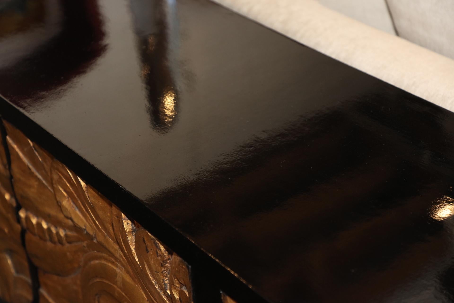 Custom Built Black Lacquer Credenza with Carved Gold Leaf Front Doors 1