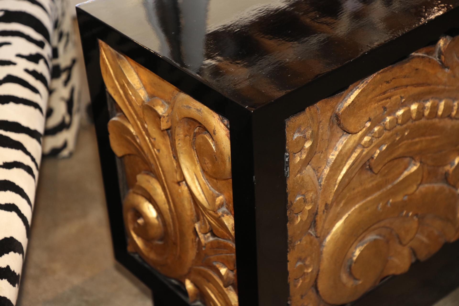 Custom Built Black Lacquer Credenza with Carved Gold Leaf Front Doors 2