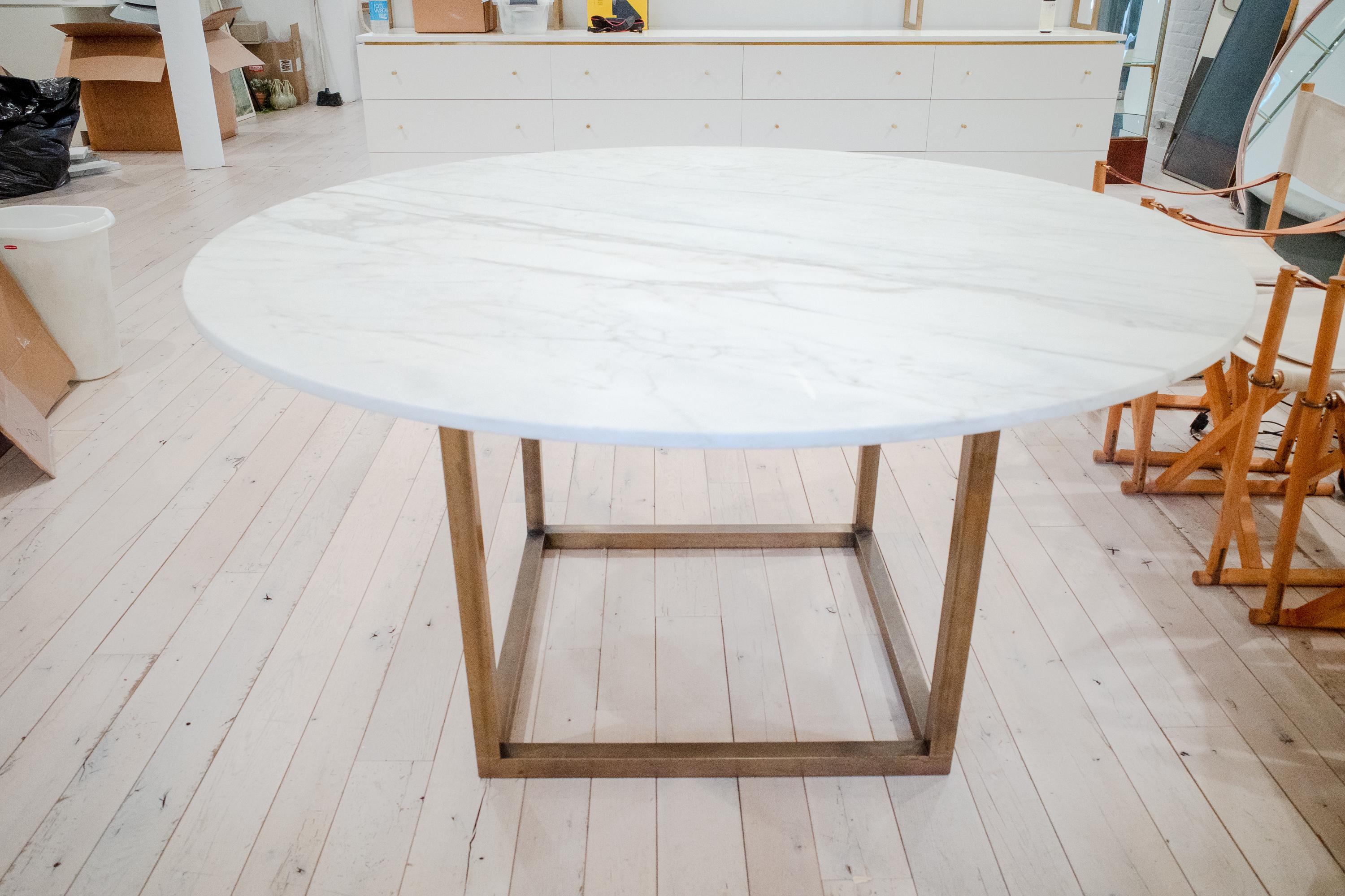 Modern Custom Built Calcatta and Brass Dining Table 5'W For Sale